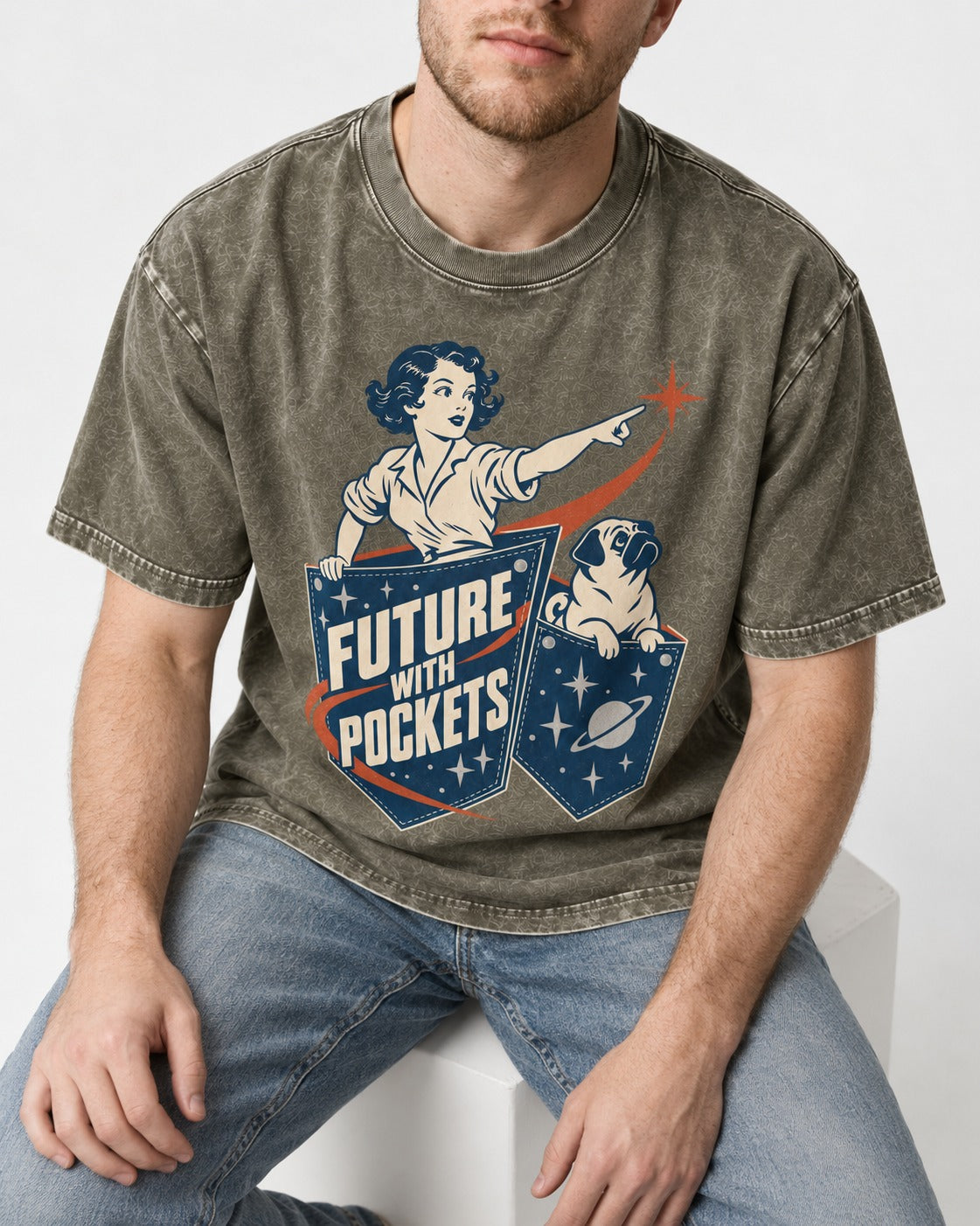 Pug Future with Pockets Space Pocket Graphic Washed Tee in Army Green, worn by a seated model