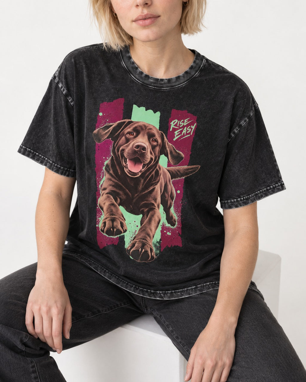 Labrador Retriever Rise Easy Running Chocolate Lab Graphic Washed Tee in Black, worn by a seated model