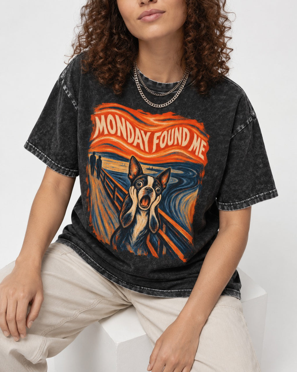 Monday Found Me Boston Terrier Scream Graphic Washed Tee in Black, worn by a seated model