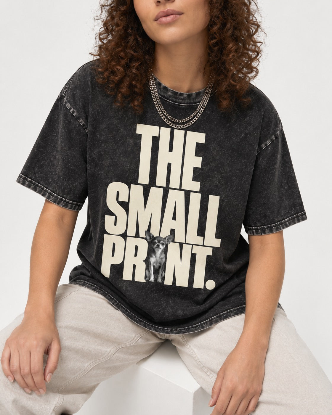 Chihuahua The Small Print Typographic Portrait Washed Tee in Black, worn by a seated model