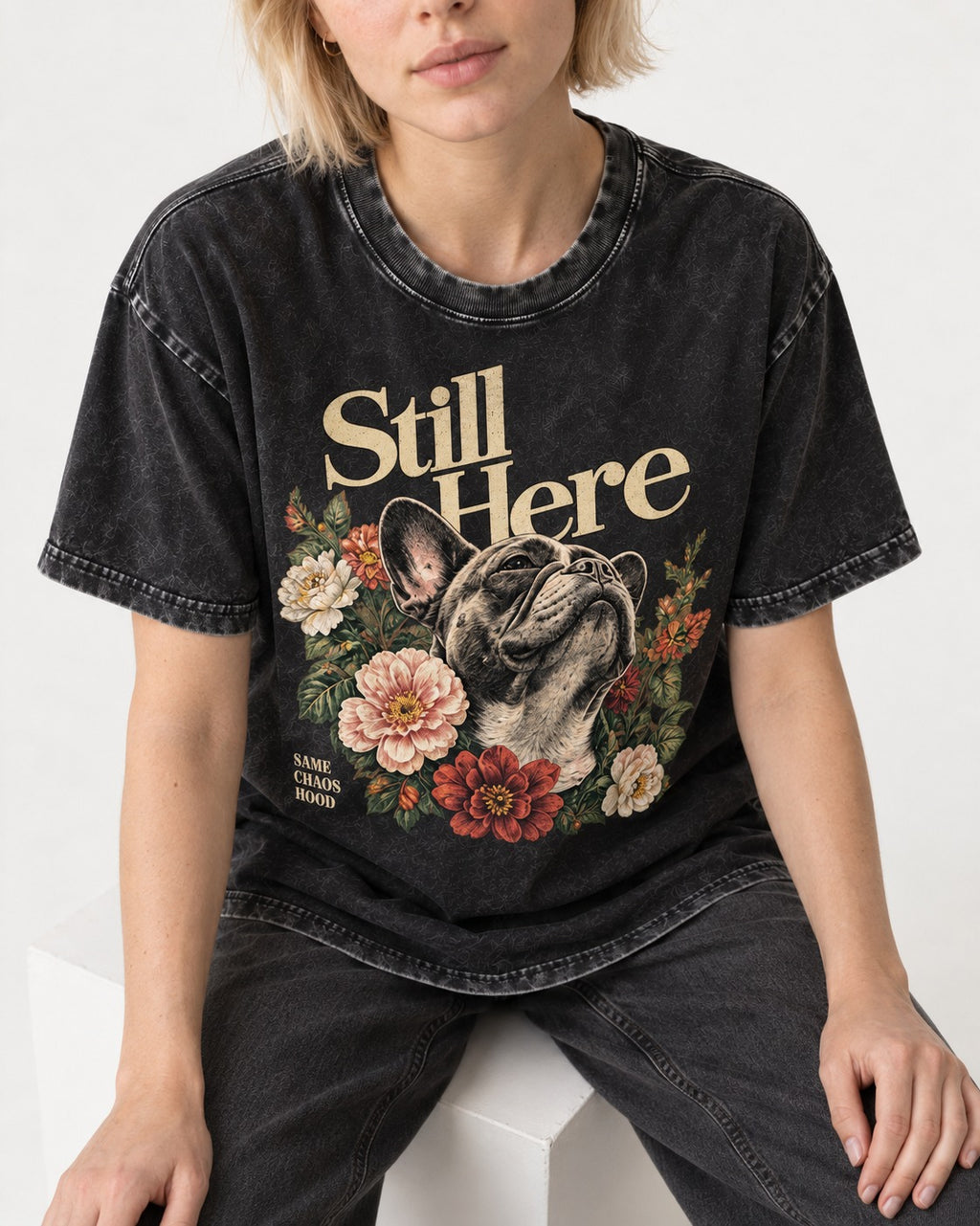 Frenchie Still Here Floral Portrait Graphic Washed Tee in Black, worn by a seated model
