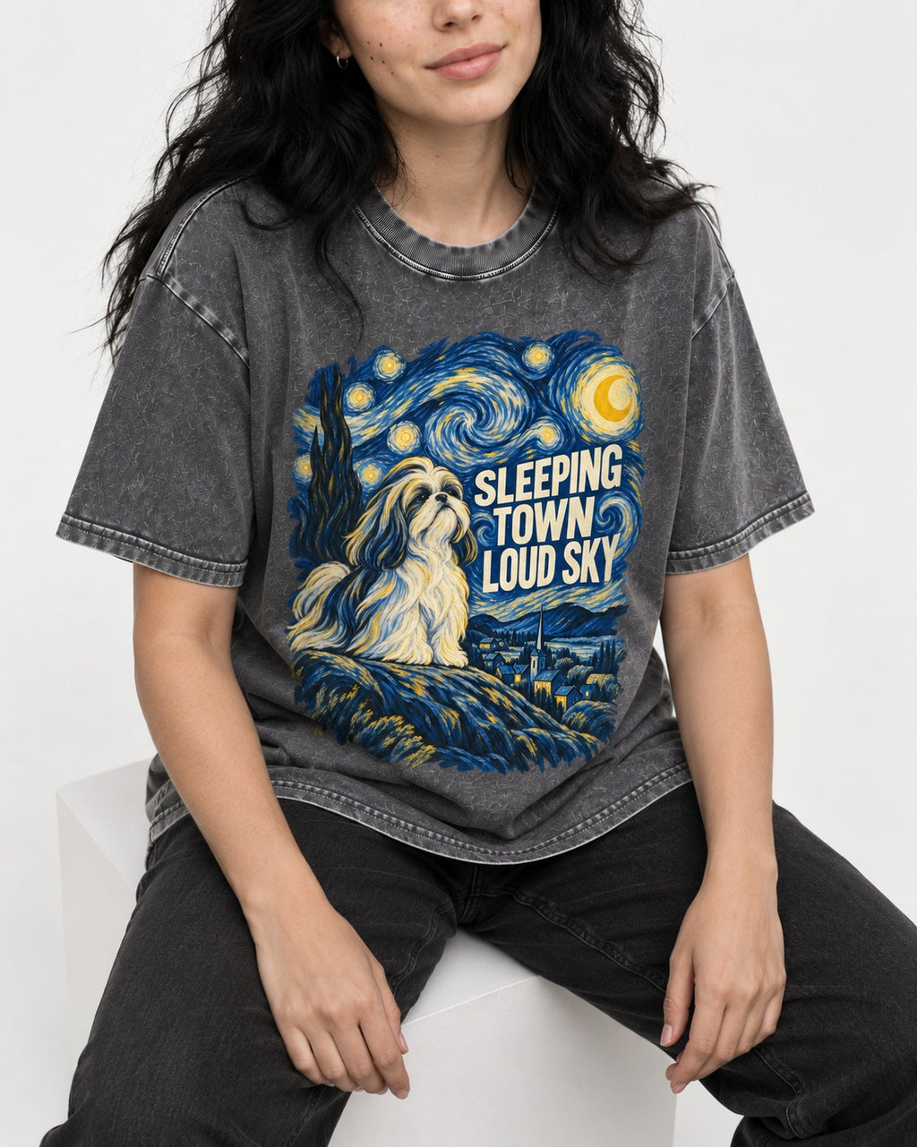 Shih Tzu Sleeping Town Loud Sky Swirling Night Graphic Washed Tee in Gray, worn by a seated model