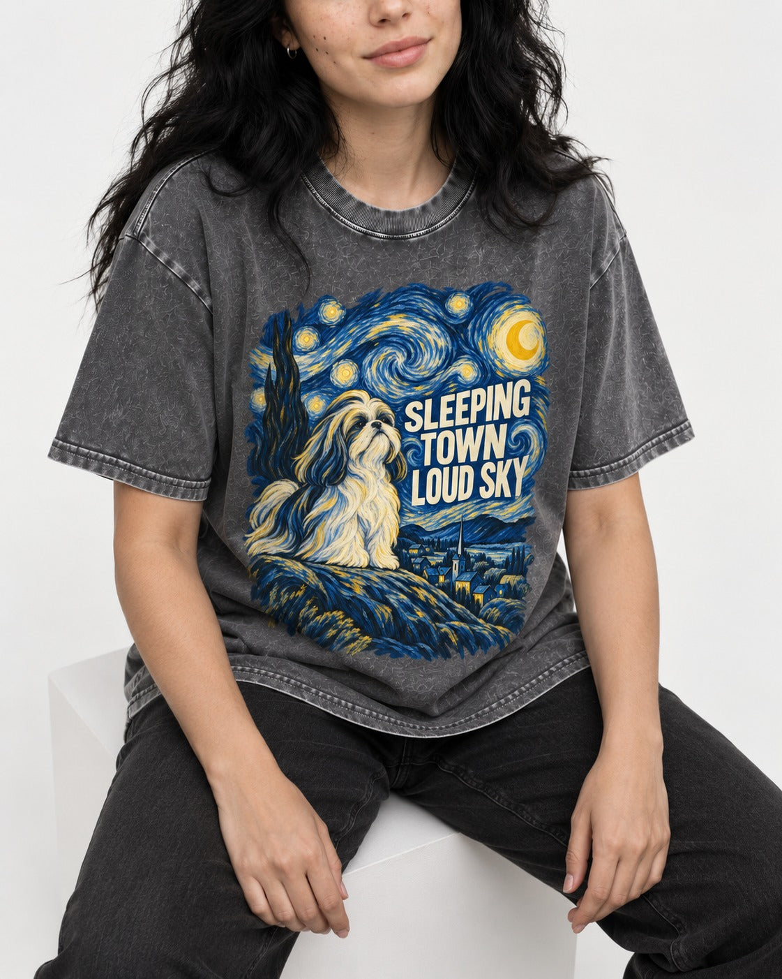 Shih Tzu Sleeping Town Loud Sky Swirling Night Graphic Washed Tee in Gray, worn by a seated model