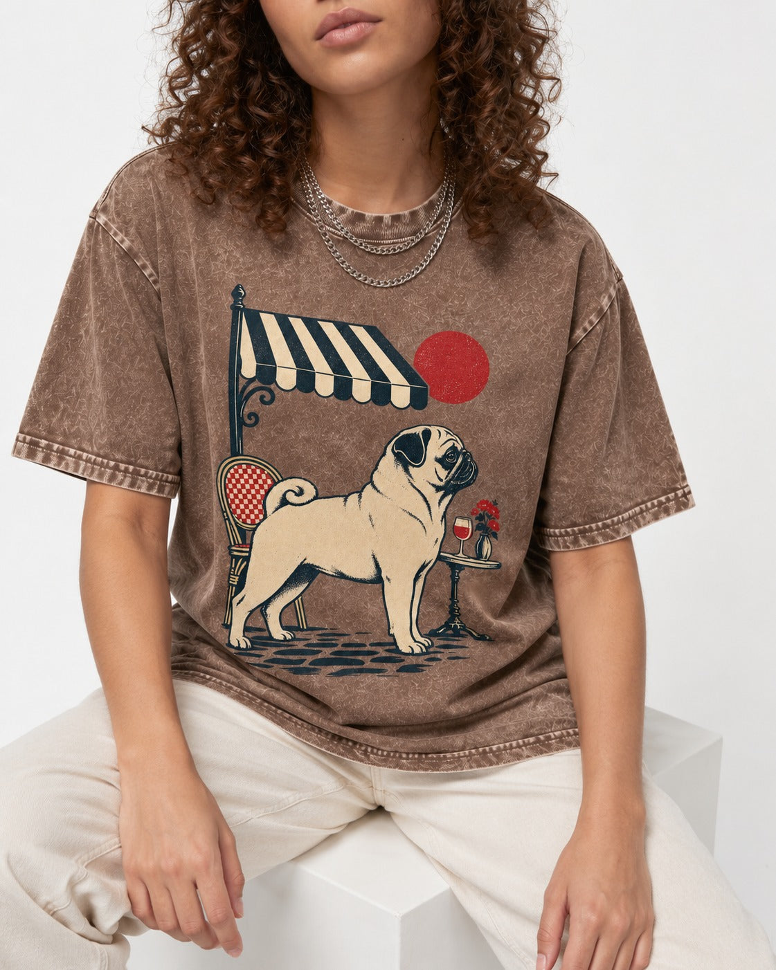 Pug Joie De Vivre Washed Tee in Coffee, worn by a seated model