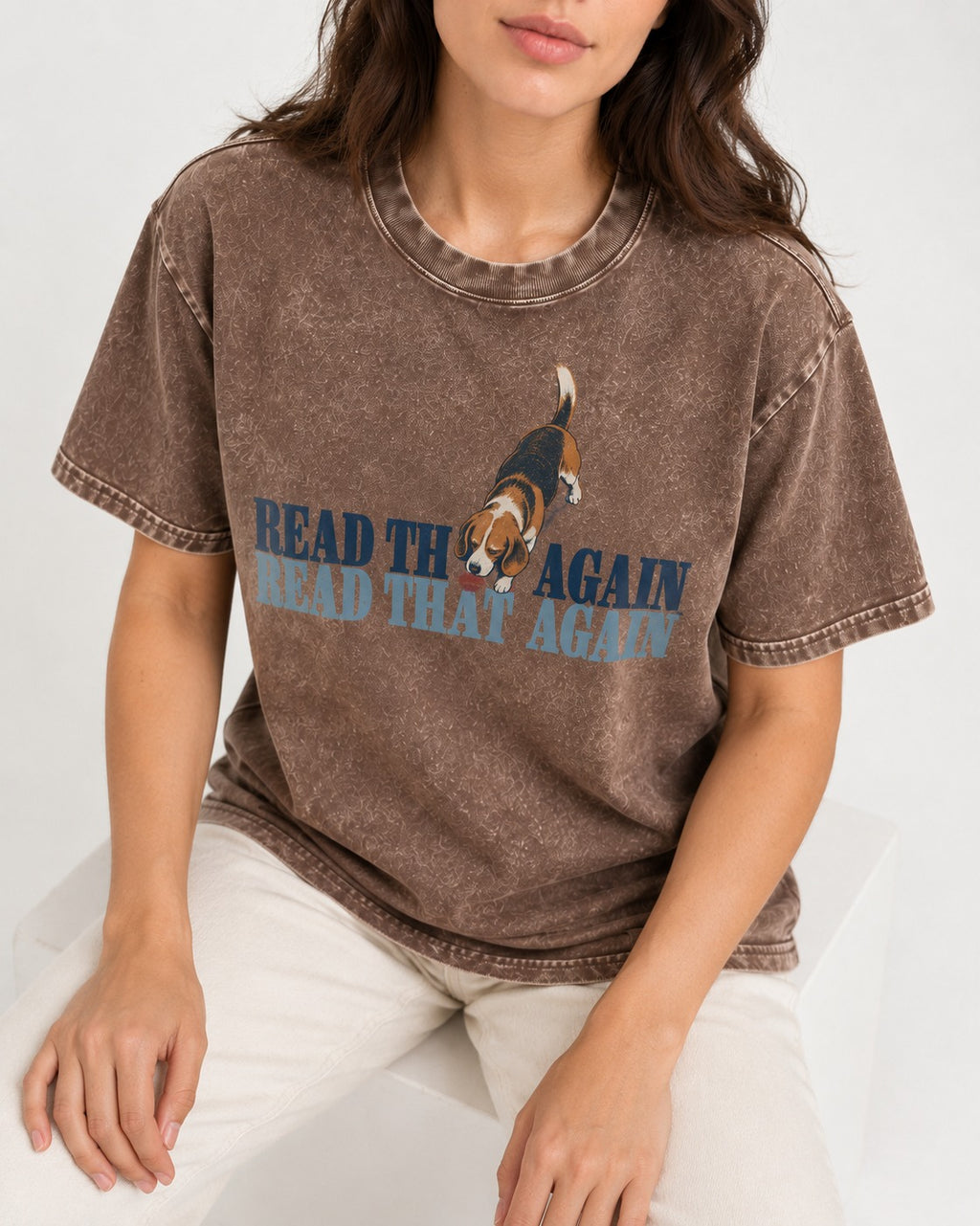Read That Again Beagle Washed Tee in Coffee, worn by a seated model