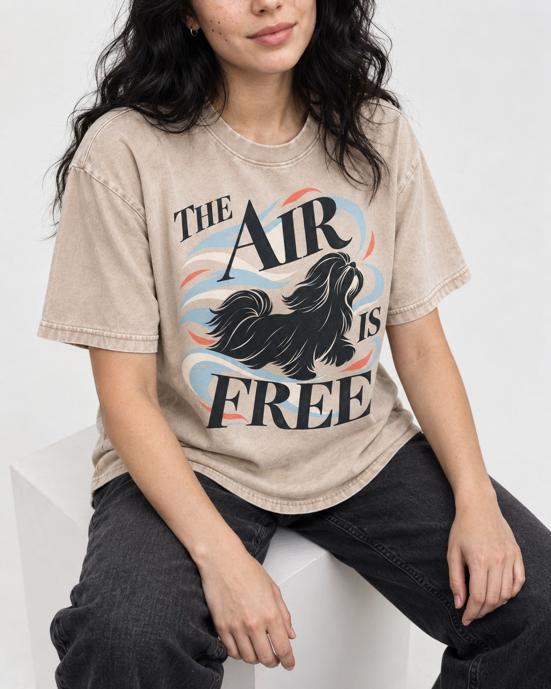 The Air Is Free Shih Tzu Washed Tee in Apricot, worn by a seated model