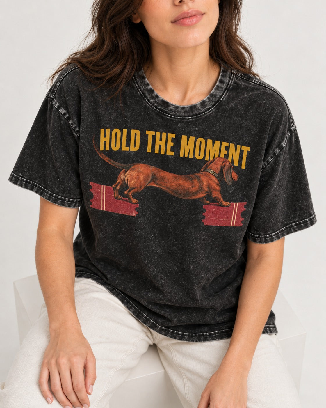 Dachshund Hold The Moment Torn Ticket Bridge Graphic Washed Tee in Black, worn by a seated model