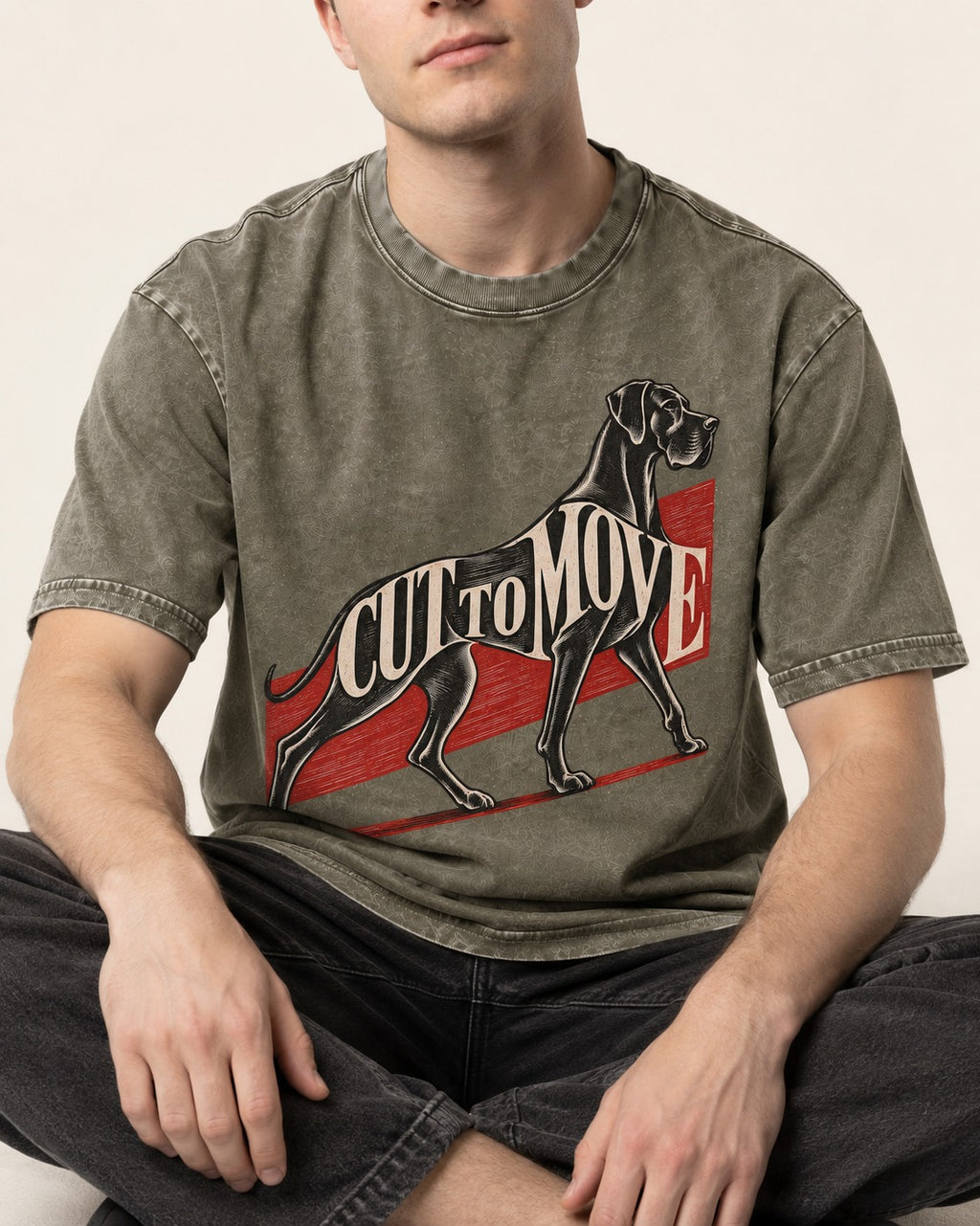 Great Dane Cut to Move Walking Typography Graphic Washed Tee in Army Green, worn by a seated model