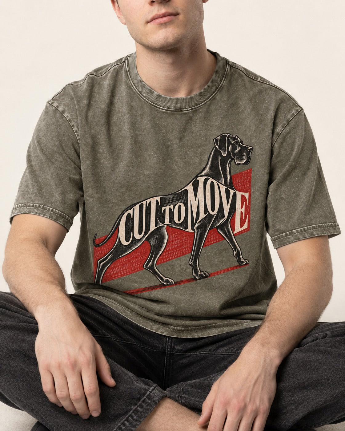 Great Dane Cut to Move Walking Typography Graphic Washed Tee in Army Green, worn by a seated model