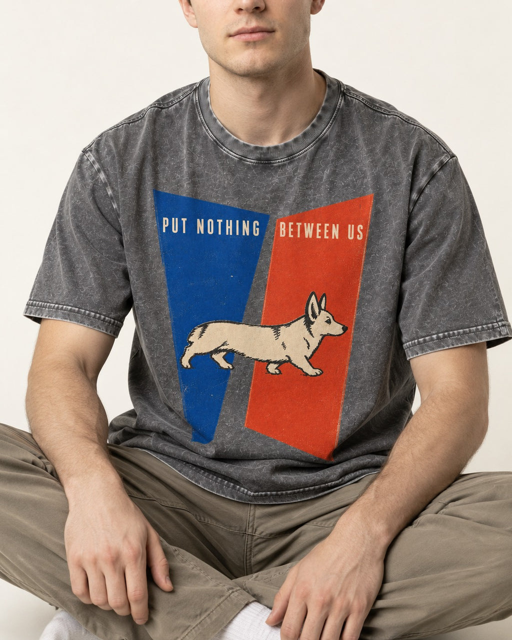 Corgi Put Nothing Between Us Split Panels Washed Tee in Gray, worn by a seated model