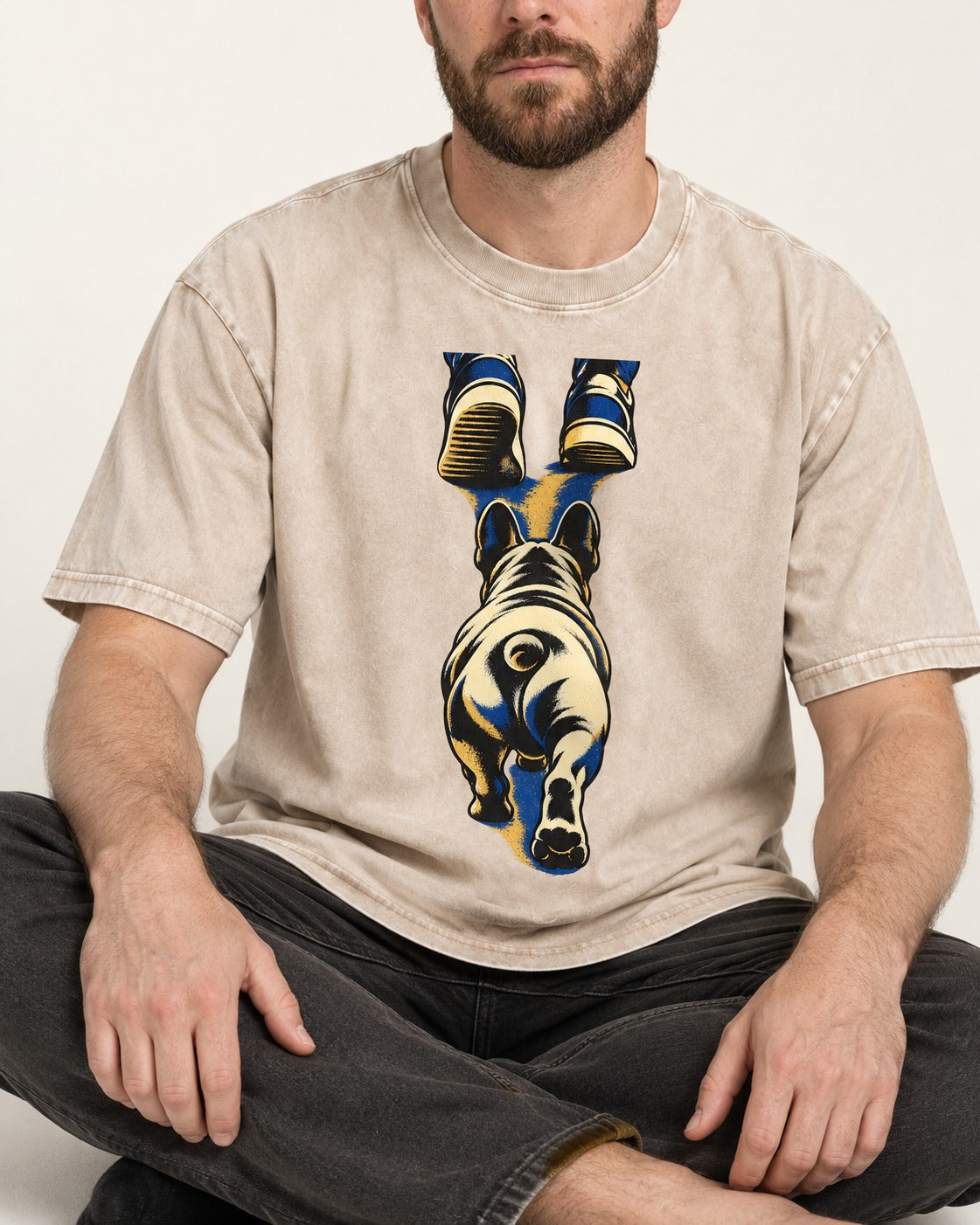 Frenchie Wherever I Go Washed Tee in Apricot, worn by a seated model