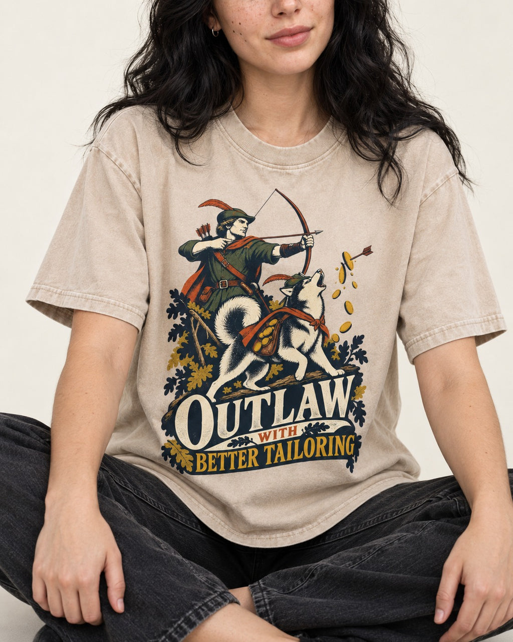 Husky Outlaw with Better Tailoring Washed Tee in Apricot, worn by a seated model