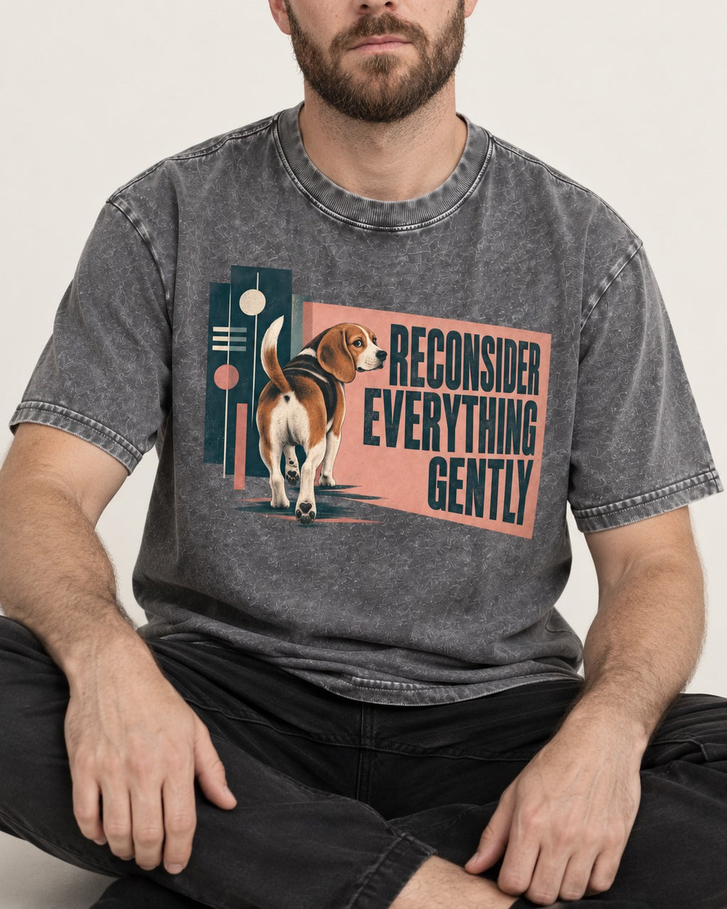 Beagle Reconsider Everything Gently Retro Graphic Washed Tee in Gray, worn by a seated model