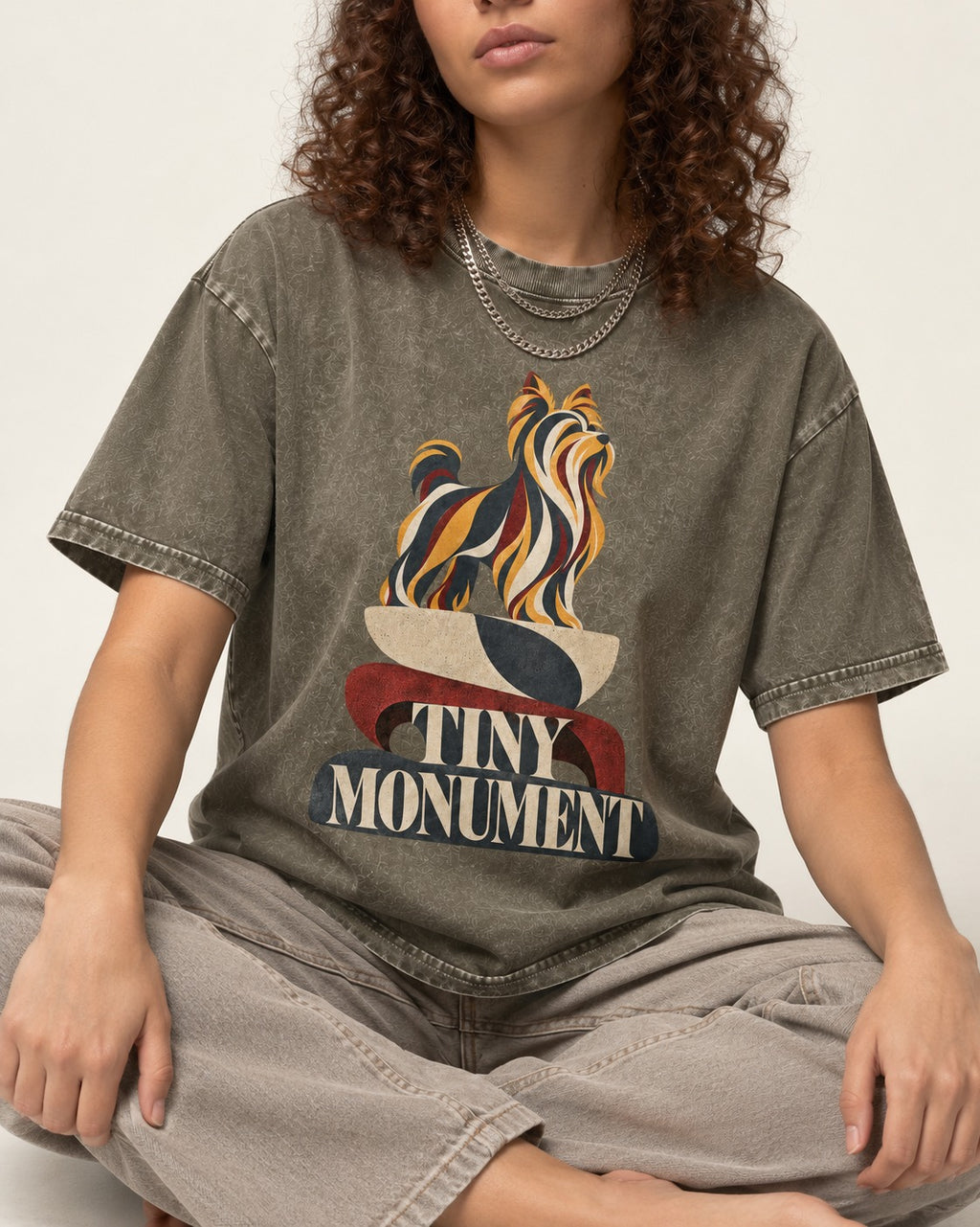 Yorkshire Terrier Tiny Monument Sculptural Plinth Graphic Washed Tee in Army Green, worn by a seated model