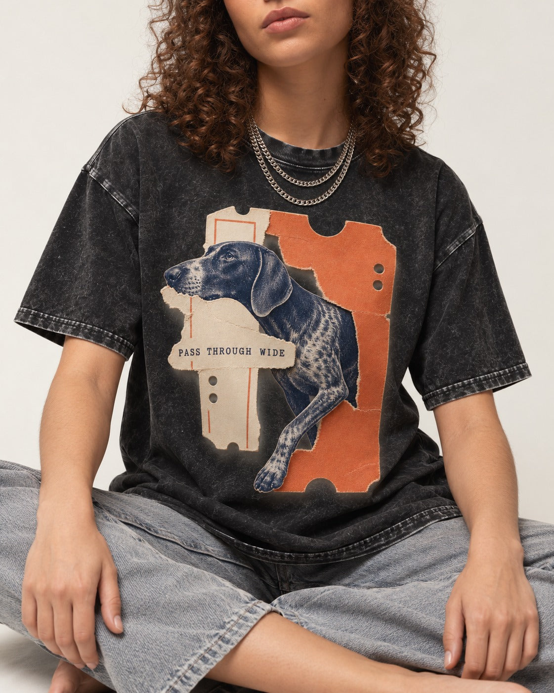 German Shorthaired Pointer Pass Through Wide Ticket Graphic Washed Tee in Black, worn by a seated model