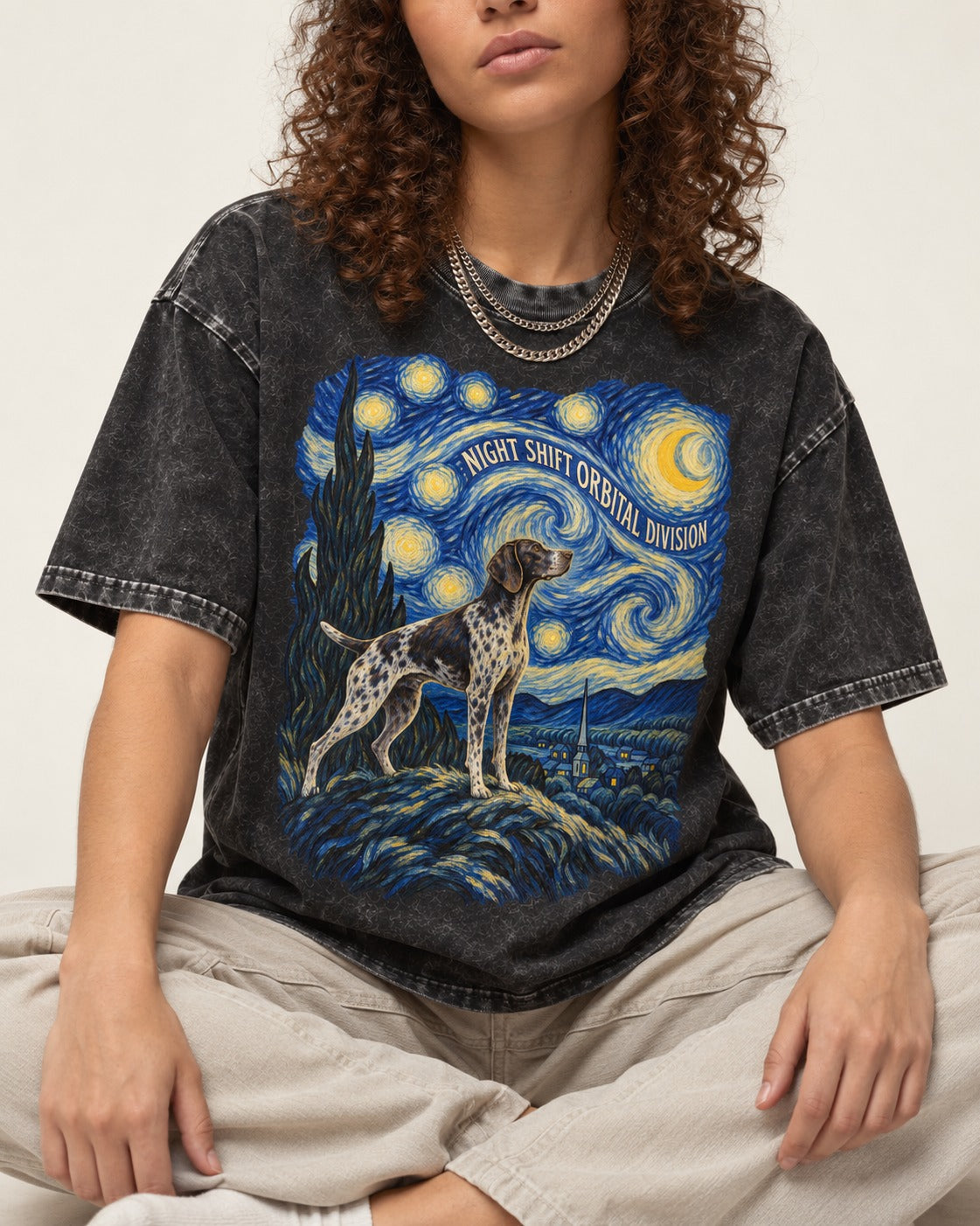 German Shorthaired Pointer Night Shift Orbital Division Starry Night Graphic Washed Tee in Black, worn by a seated model