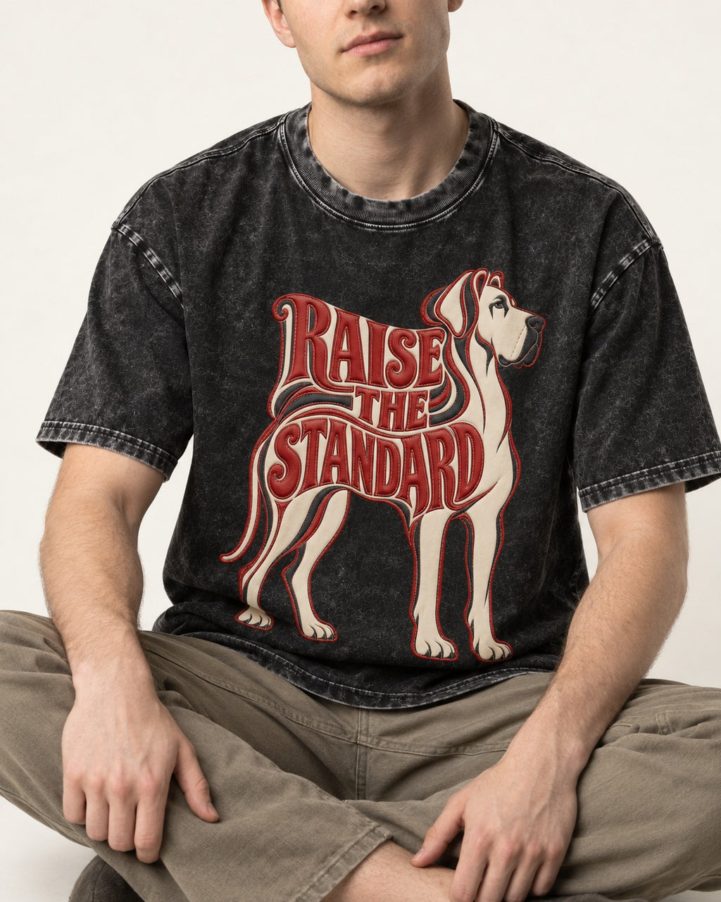 Great Dane Raise the Standard Typography Graphic Washed Tee in Black, worn by a seated model