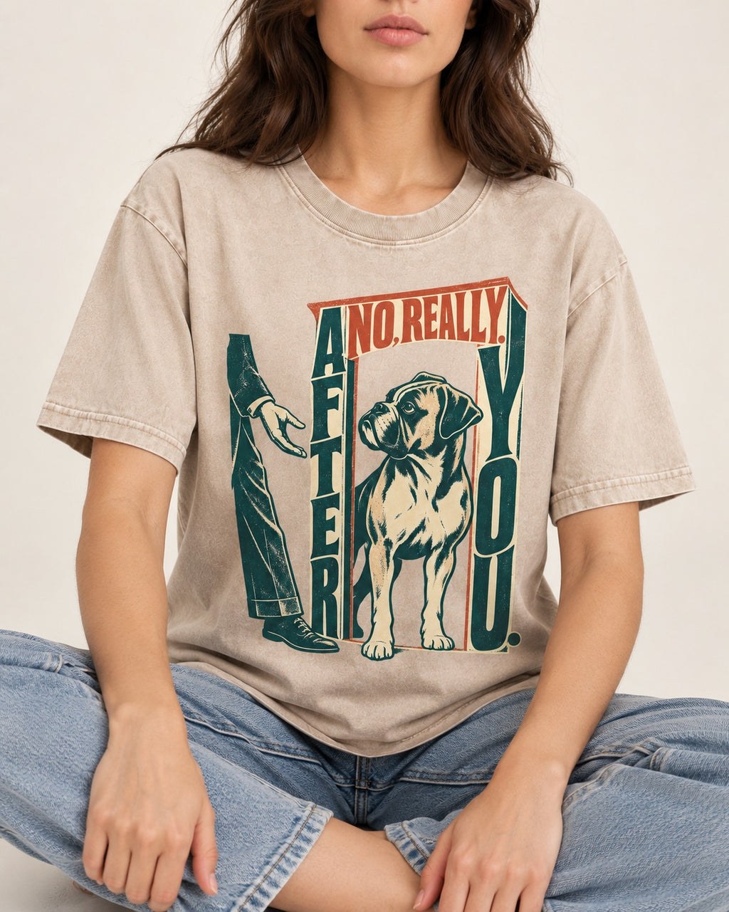 Boxer Says After You Washed Tee in Apricot, worn by a seated model