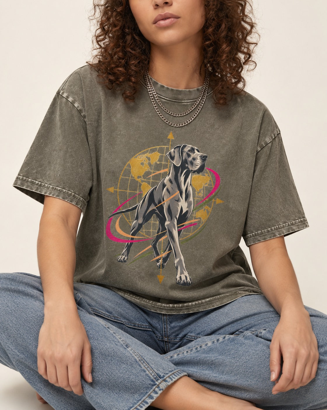 Great Dane Striding Globe Orbit Graphic Washed Tee in Army Green, worn by a seated model