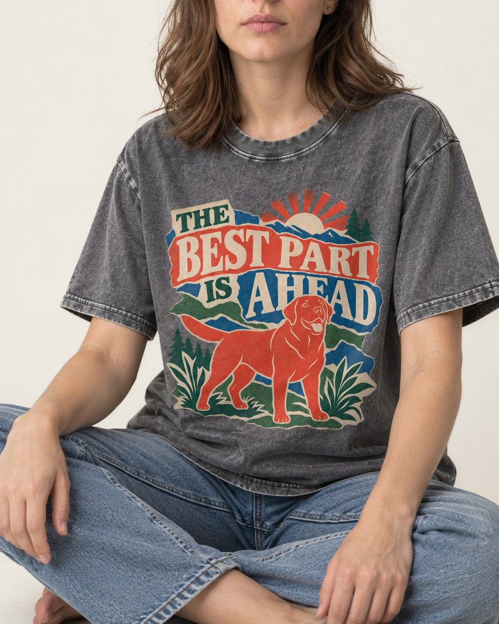 Labrador Retriever The Best Part Is Ahead Outdoor Graphic Washed Tee in Gray, worn by a seated model