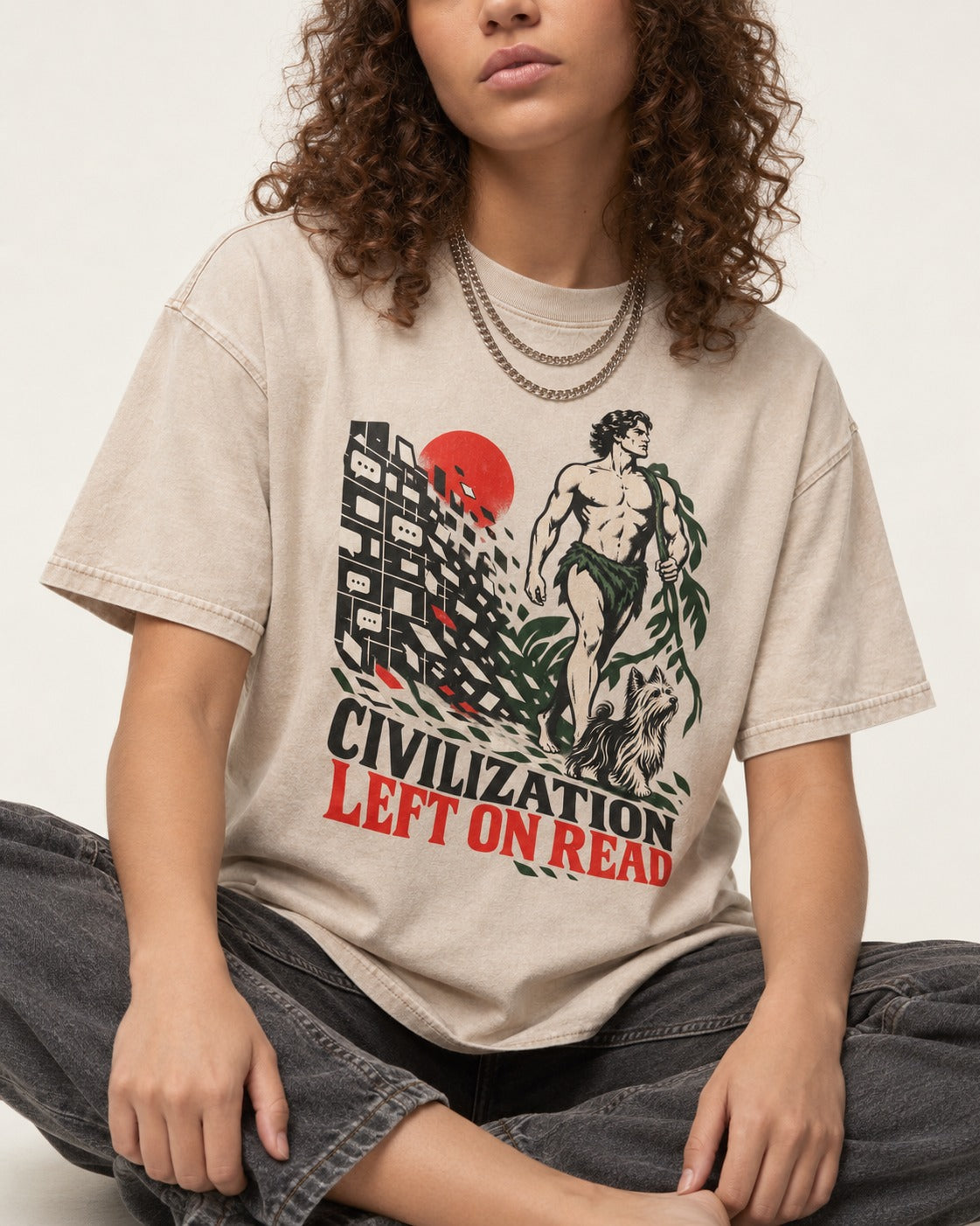 Yorkshire Terrier Left Civilization on Read Washed Tee in Apricot, worn by a seated model