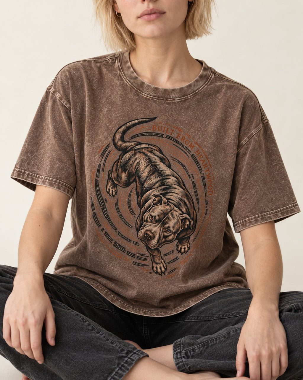 Pitbull Built From Heartwood Washed Tee in Coffee, worn by a seated model