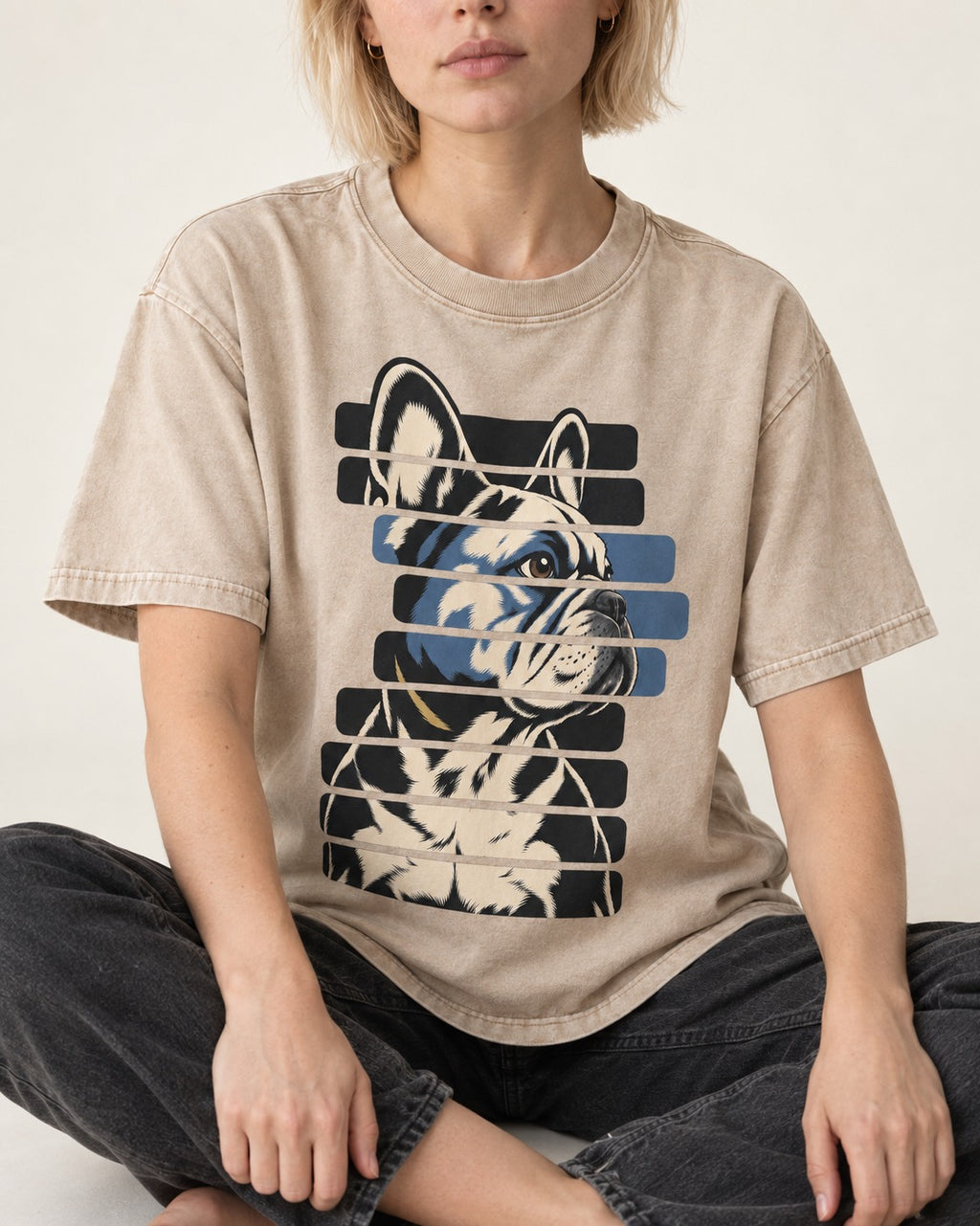 Frenchie Quiet Confidence Washed Tee in Apricot, worn by a seated model