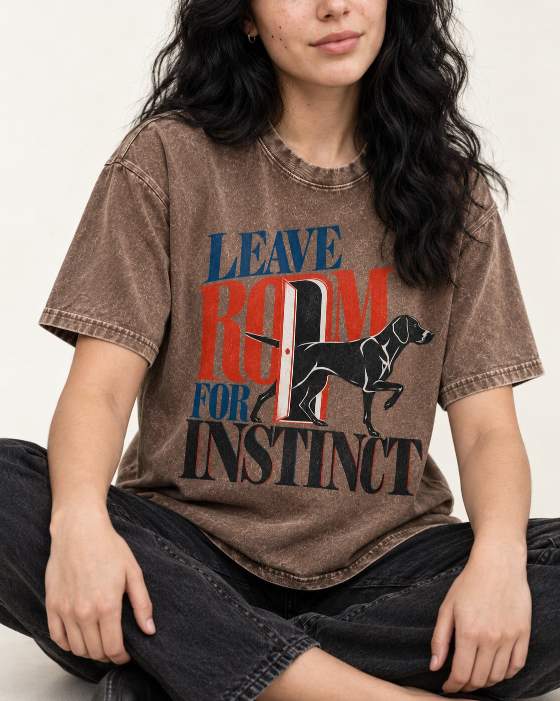 Leave Room for Instinct German Shorthaired Pointer Washed Tee in Coffee, worn by a seated model