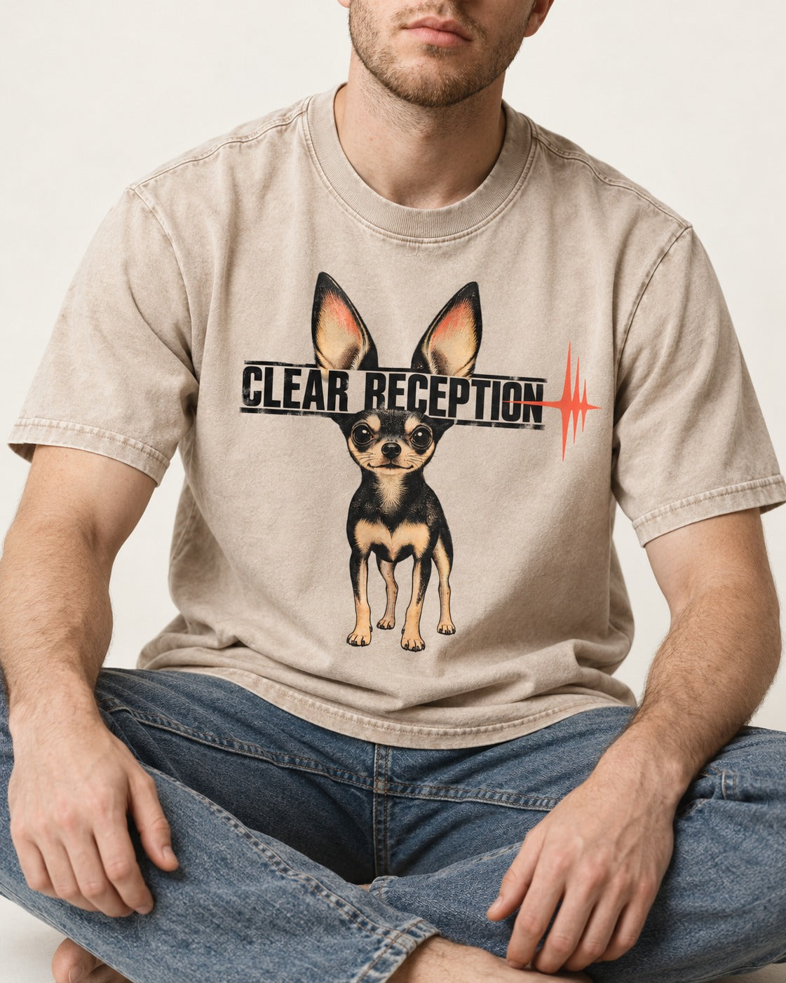 Chihuahua Clear Reception Washed Tee in Apricot, worn by a seated model