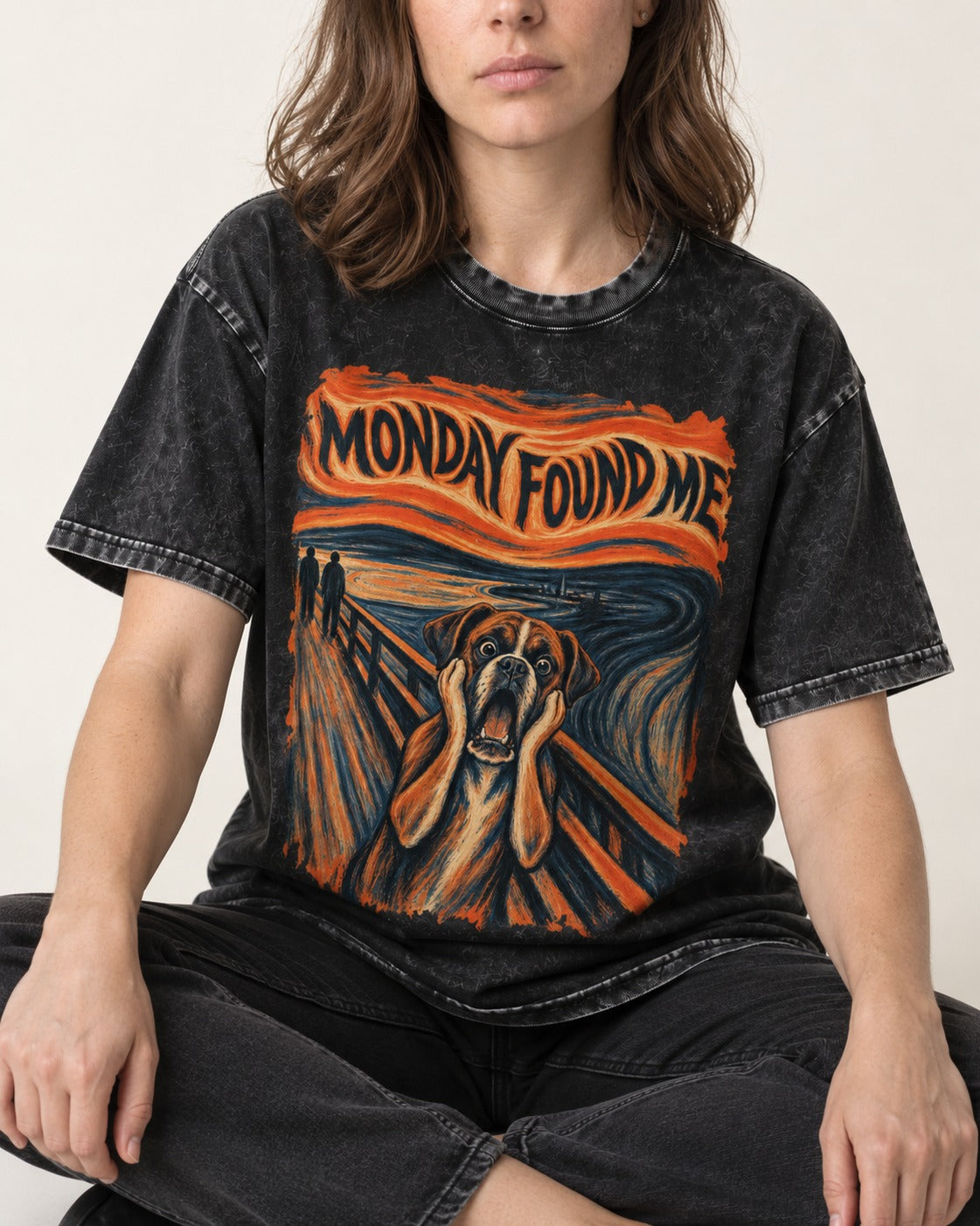 Monday Found Me Scream Boxer Washed Tee in Black, worn by a seated model