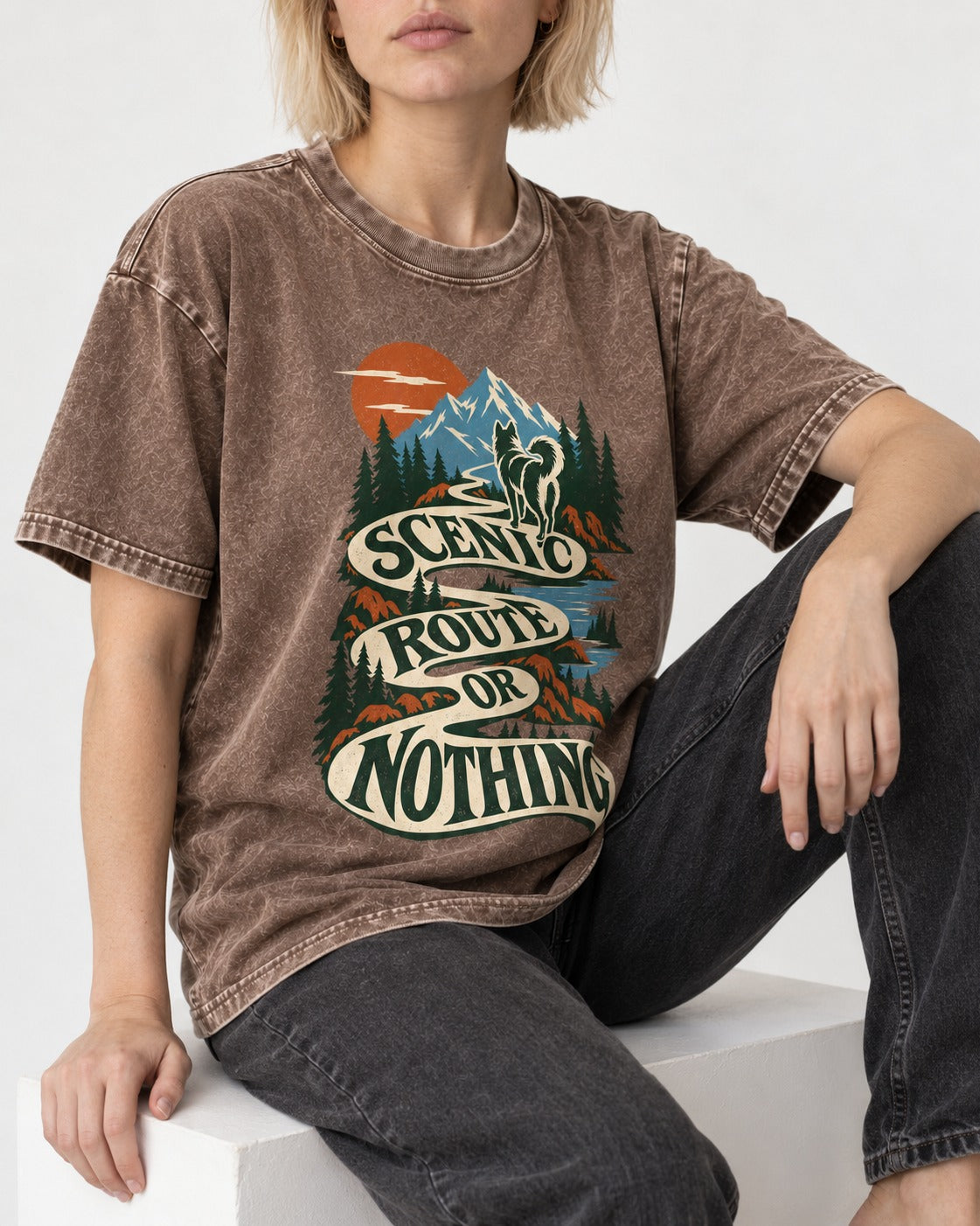 Husky Scenic Route or Nothing Washed Tee in Coffee, worn by a seated model