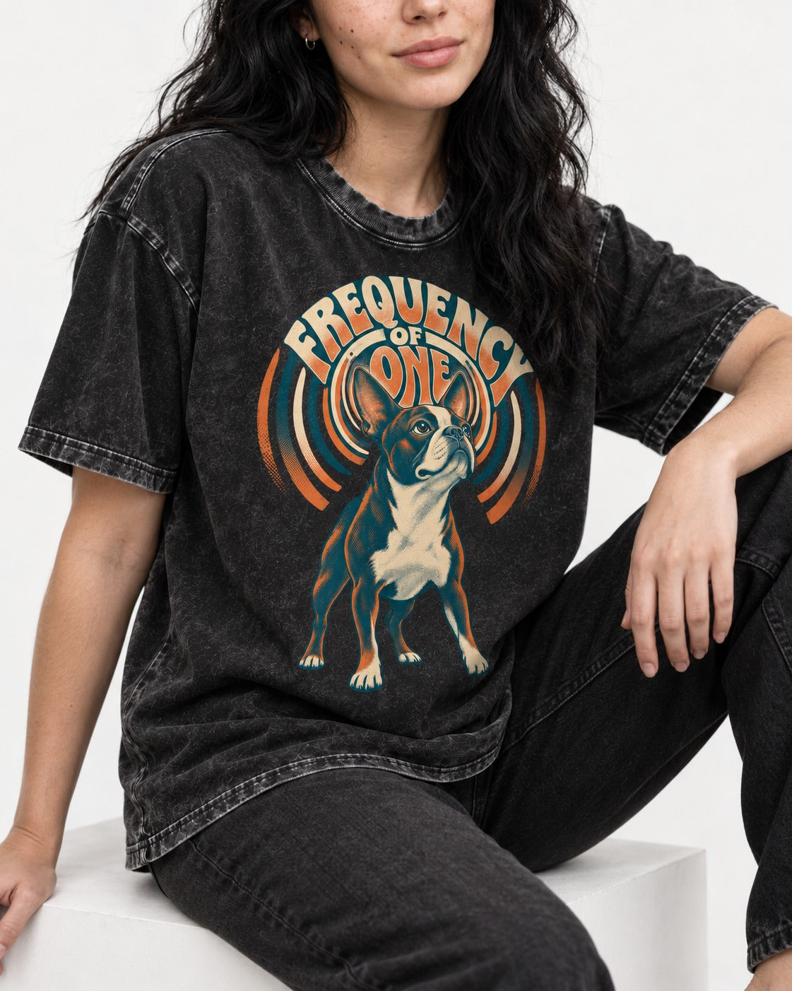 Frequency of One Boston Terrier Graphic Washed Tee in Black, worn by a seated model