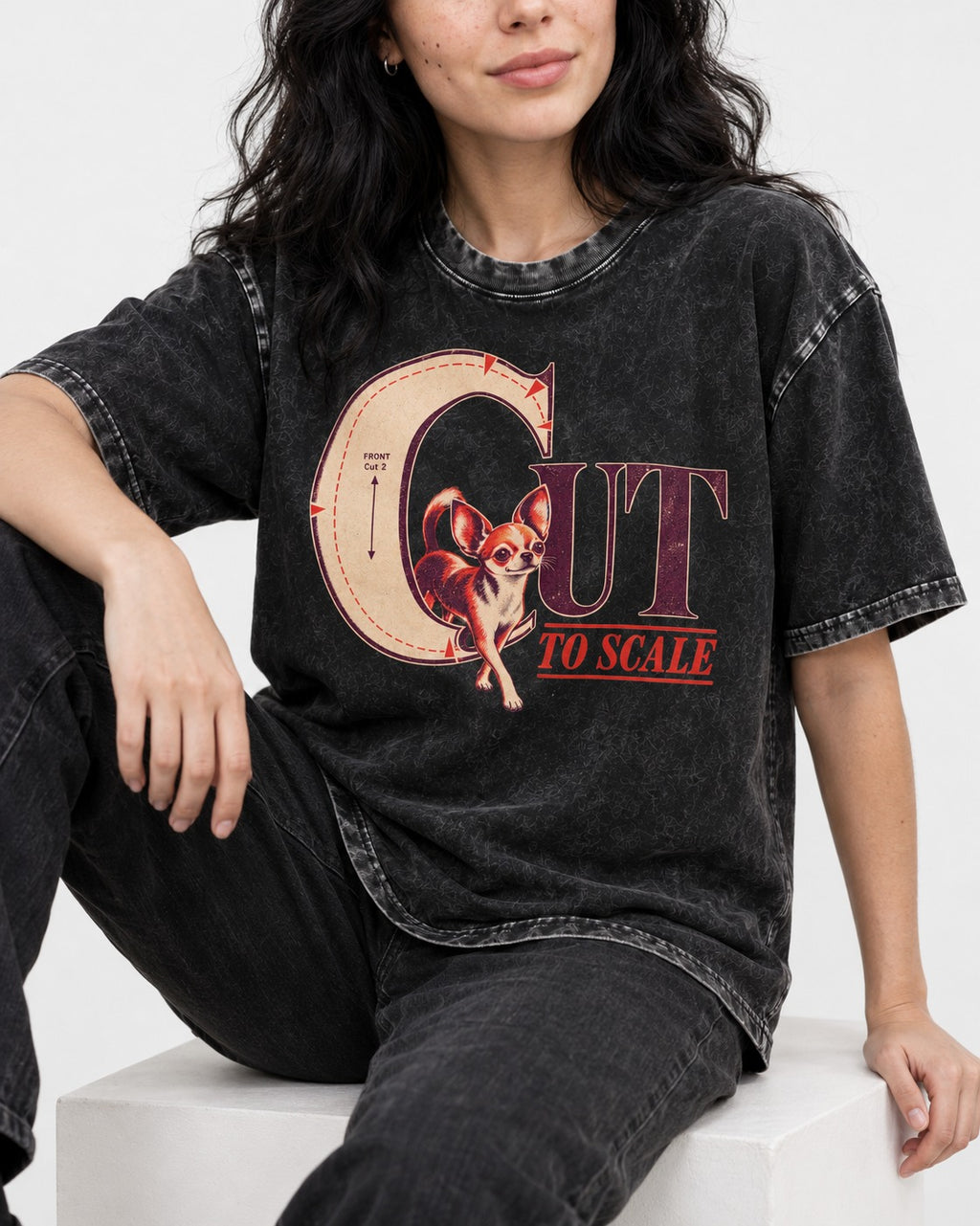 Chihuahua Cut to Scale Sewing Pattern Graphic Washed Tee in Black, worn by a seated model