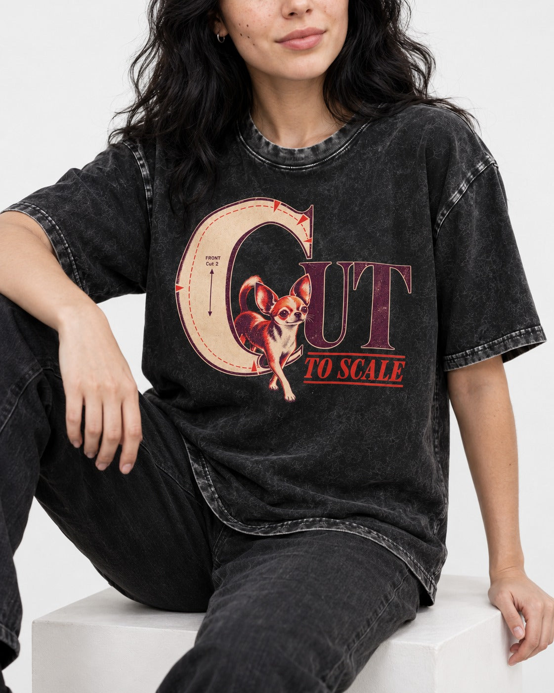Chihuahua Cut to Scale Sewing Pattern Graphic Washed Tee in Black, worn by a seated model