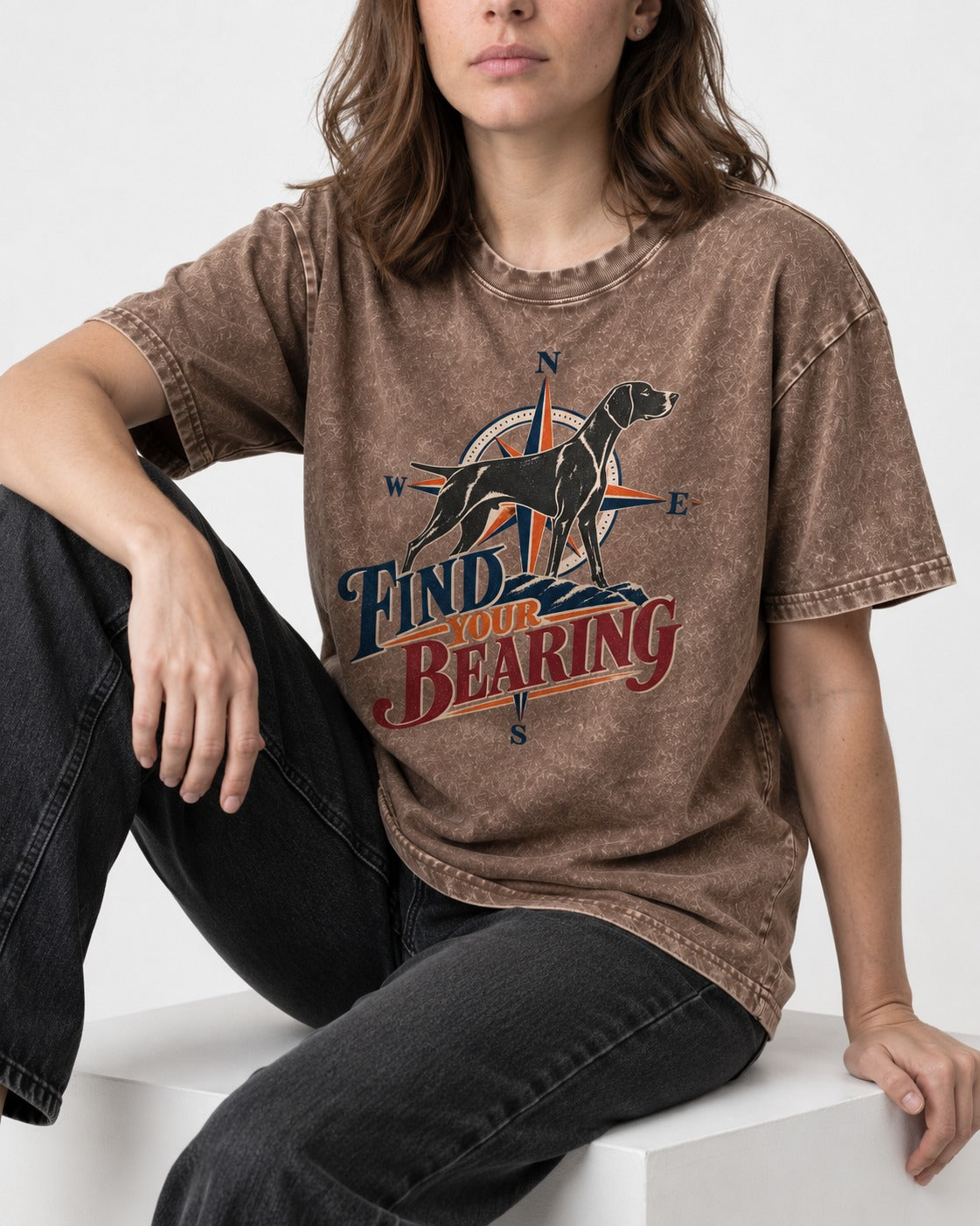 Find Your Bearing German Shorthaired Pointer Washed Tee in Coffee, worn by a seated model