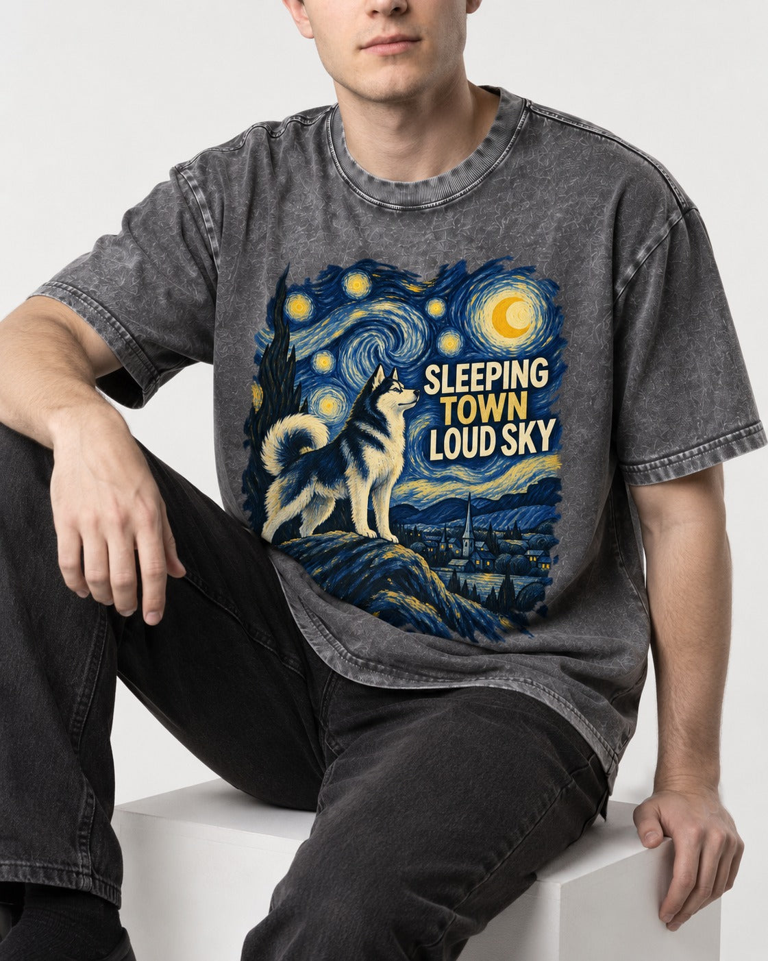 Husky Sleeping Town Loud Sky Starry Night Graphic Washed Tee in Gray, worn by a seated model