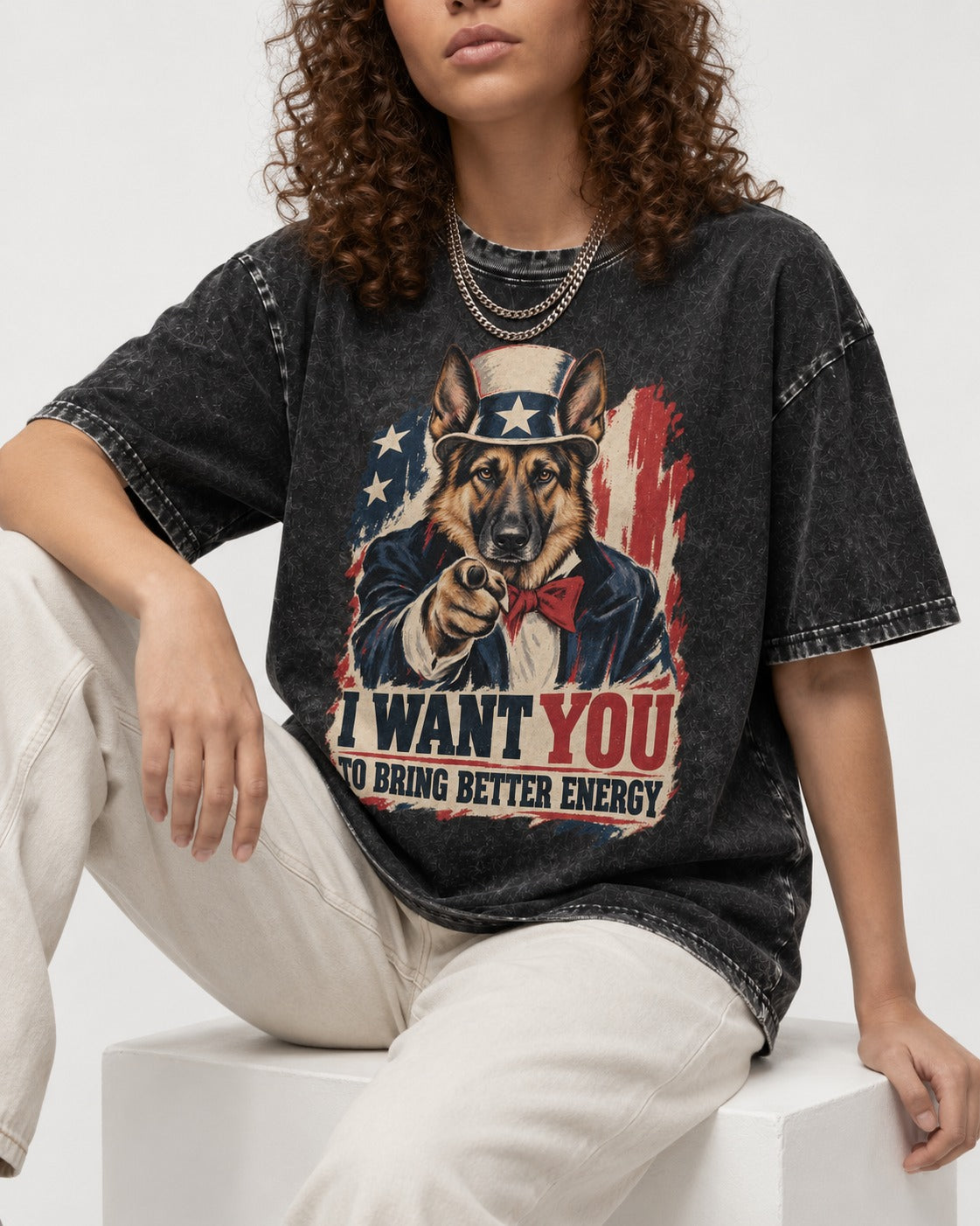 German Shepherd Dog I Want You to Bring Better Energy Poster Washed Tee in Black, worn by a seated model