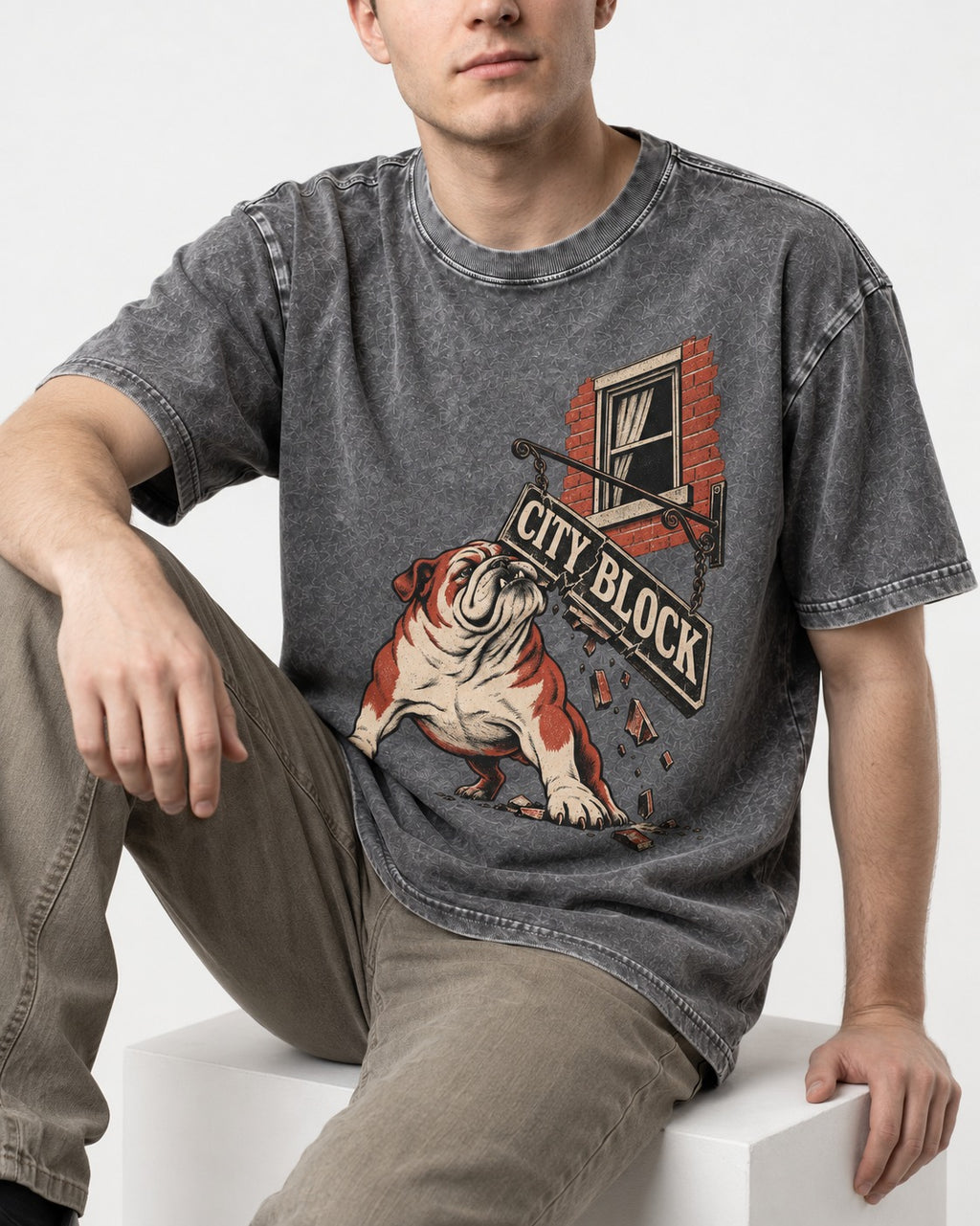 English Bulldog City Block Breaking Sign Graphic Washed Tee in Gray, worn by a seated model
