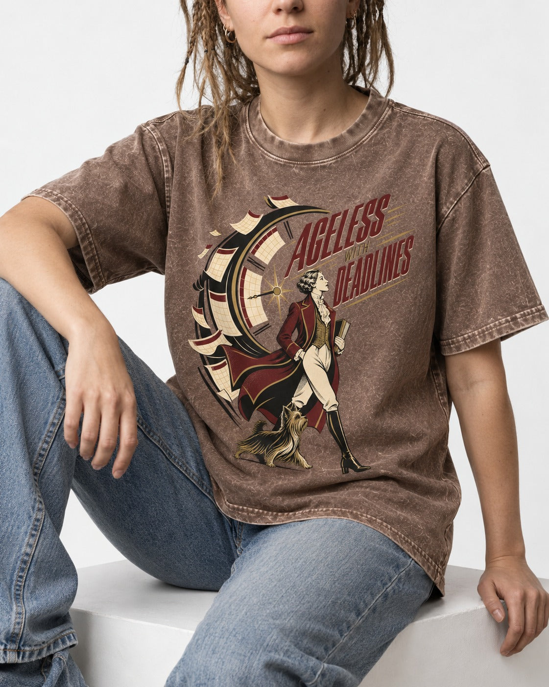Yorkshire Terrier Ageless with Deadlines Calendar Clock Graphic Washed Tee in Coffee, worn by a seated model