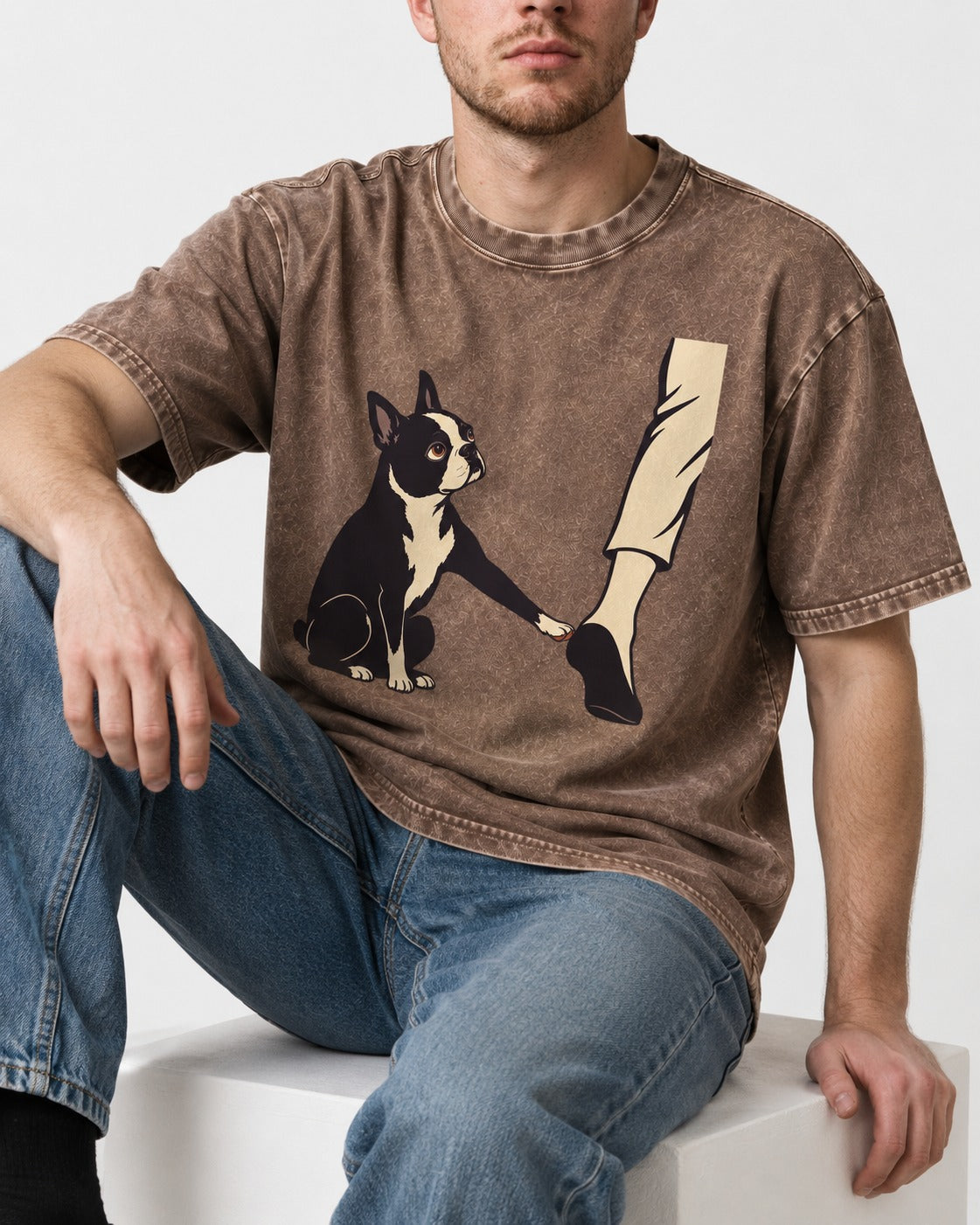 Boston Terrier Stay with Me Washed Tee in Coffee, worn by a seated model
