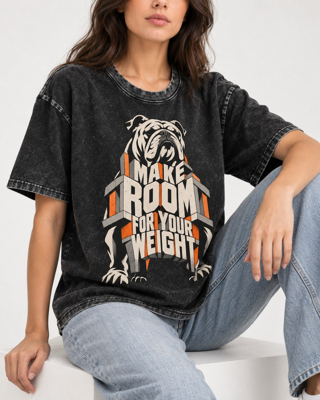 English Bulldog Make Room for Your Weight Dimensional Typography Washed Tee in Black, worn by a seated model