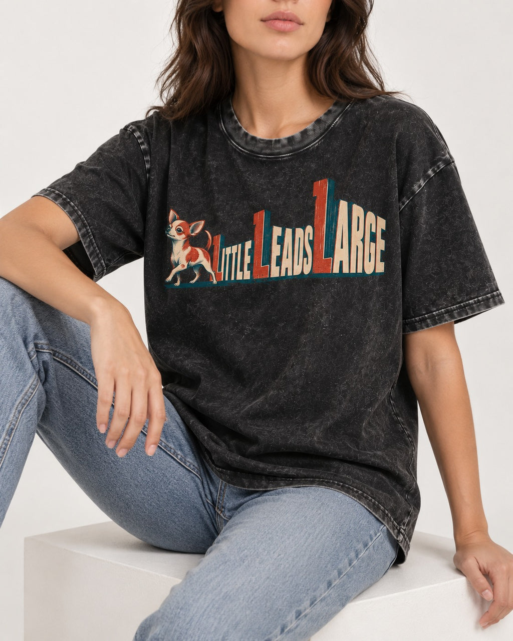 Chihuahua Little Leads Large Perspective Typography Washed Tee in Black, worn by a seated model