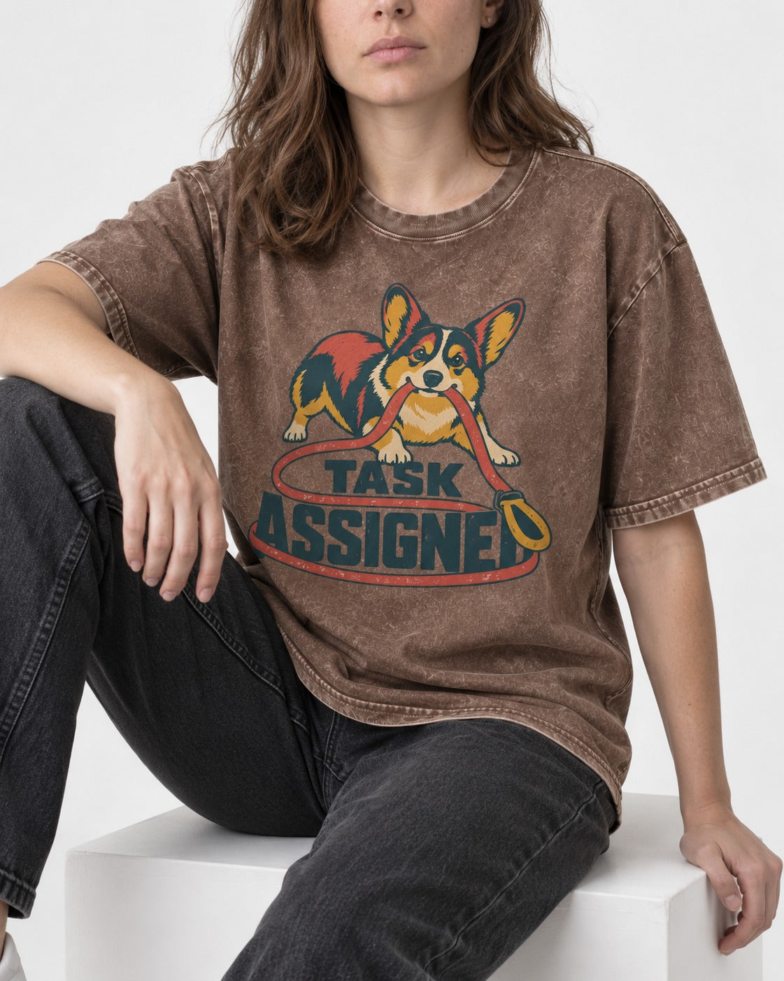Corgi Task Assigned Washed Tee in Coffee, worn by a seated model