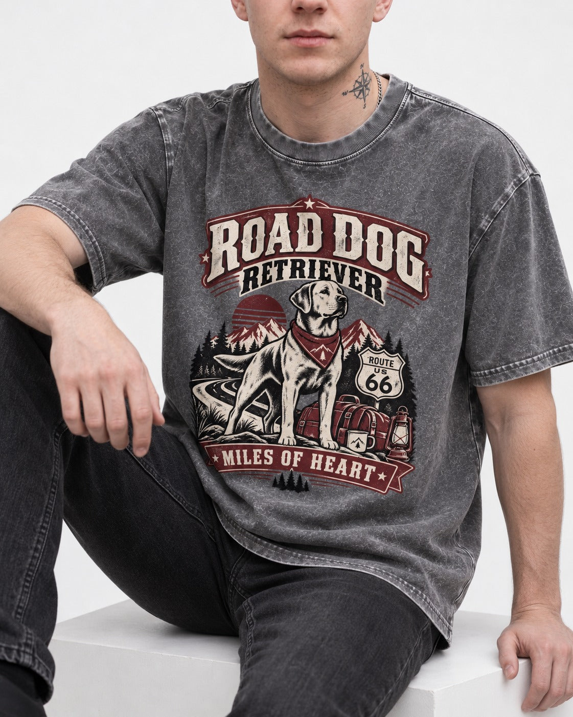 Labrador Retriever Road Dog Miles of Heart Route 66 Graphic Washed Tee in Gray, worn by a seated model