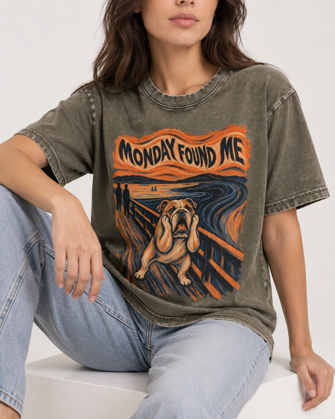 English Bulldog Monday Found Me Scream Graphic Washed Tee in Army Green, worn by a seated model