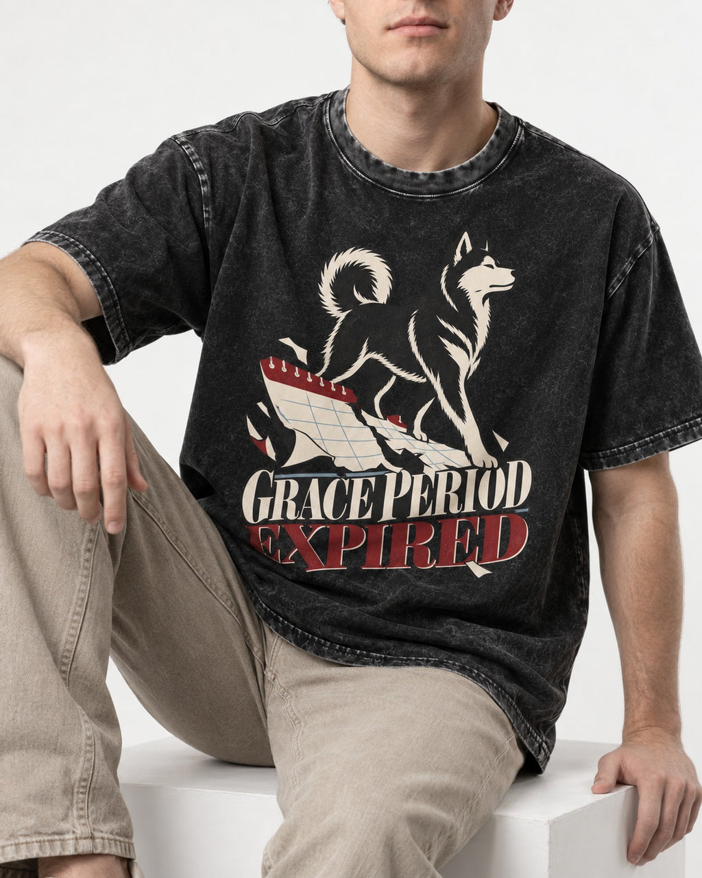 Husky Grace Period Expired Torn Calendar Graphic Washed Tee in Black, worn by a seated model