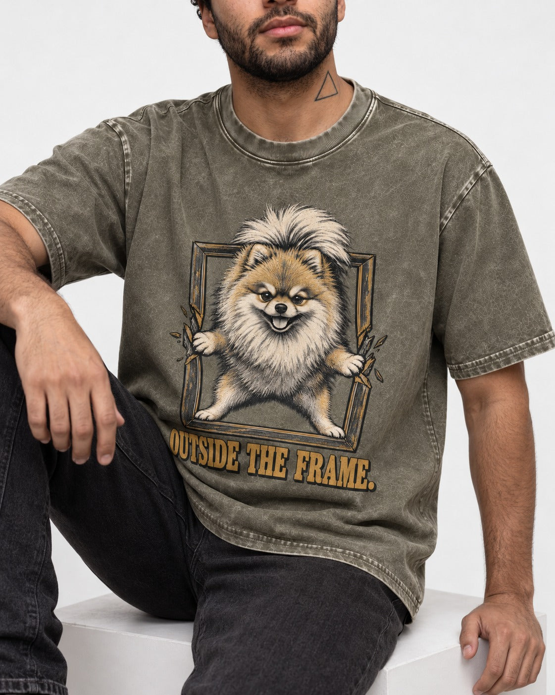 Pomeranian Outside the Frame Breakthrough Graphic Washed Tee in Army Green, worn by a seated model