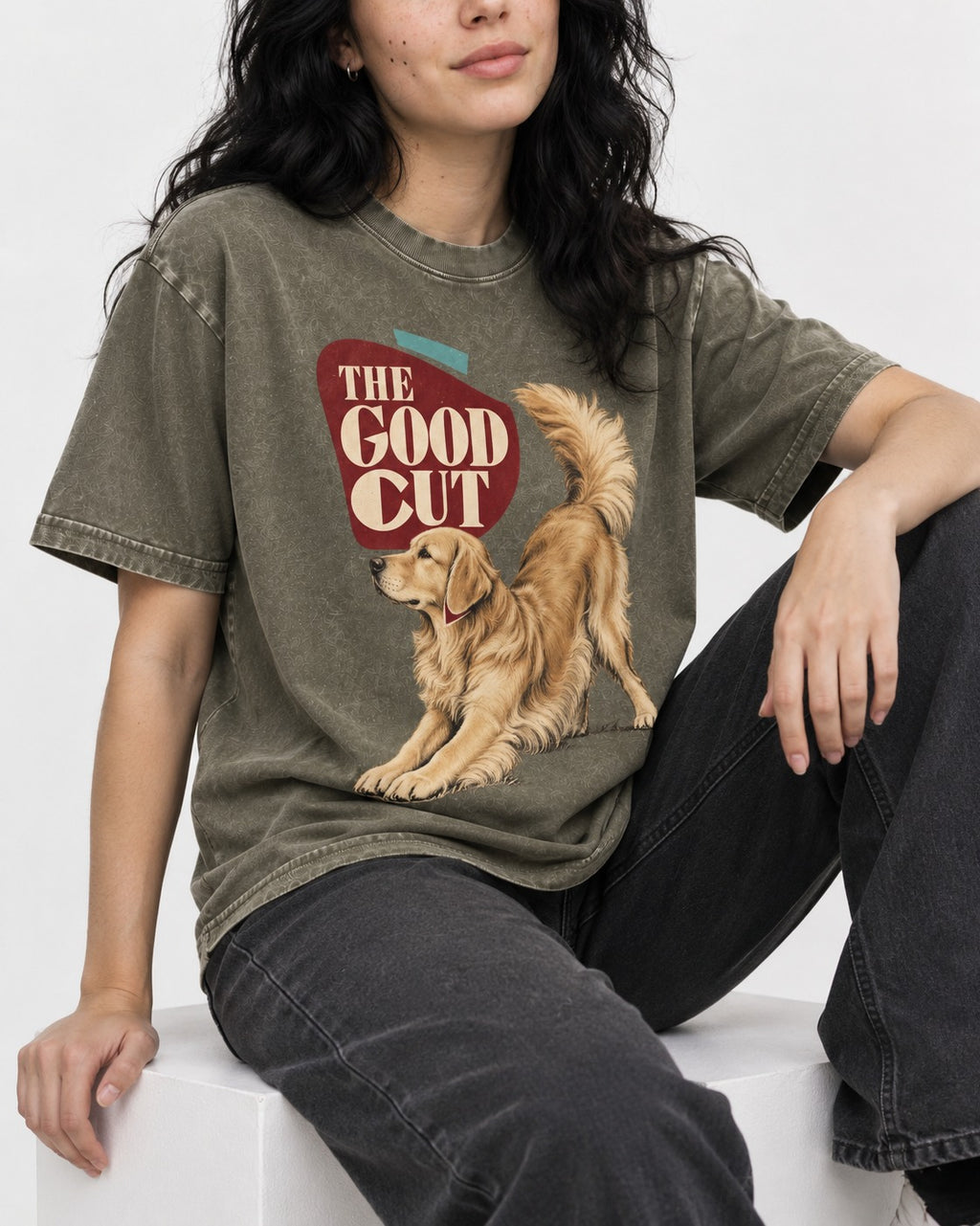 Golden Retriever The Good Cut Play Bow Graphic Washed Tee in Army Green, worn by a seated model