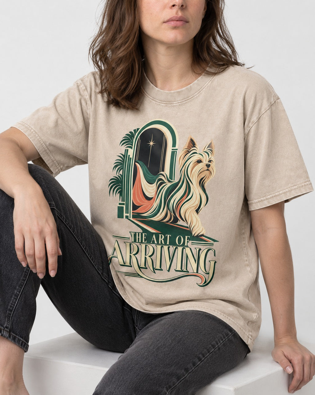 Yorkshire Terrier Arriving Washed Tee in Apricot, worn by a seated model