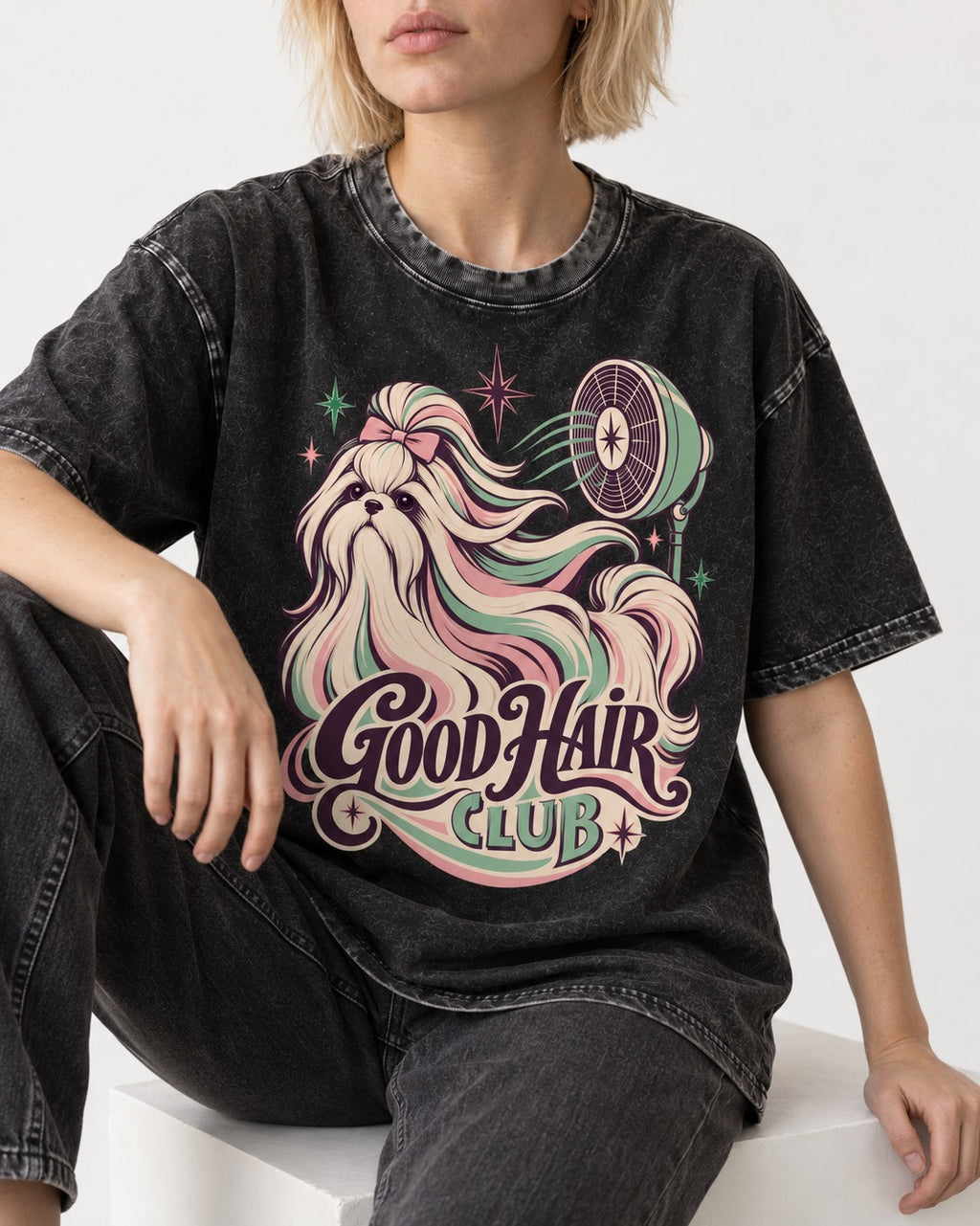 Shih Tzu Good Hair Club Salon Fan Graphic Washed Tee in Black, worn by a seated model